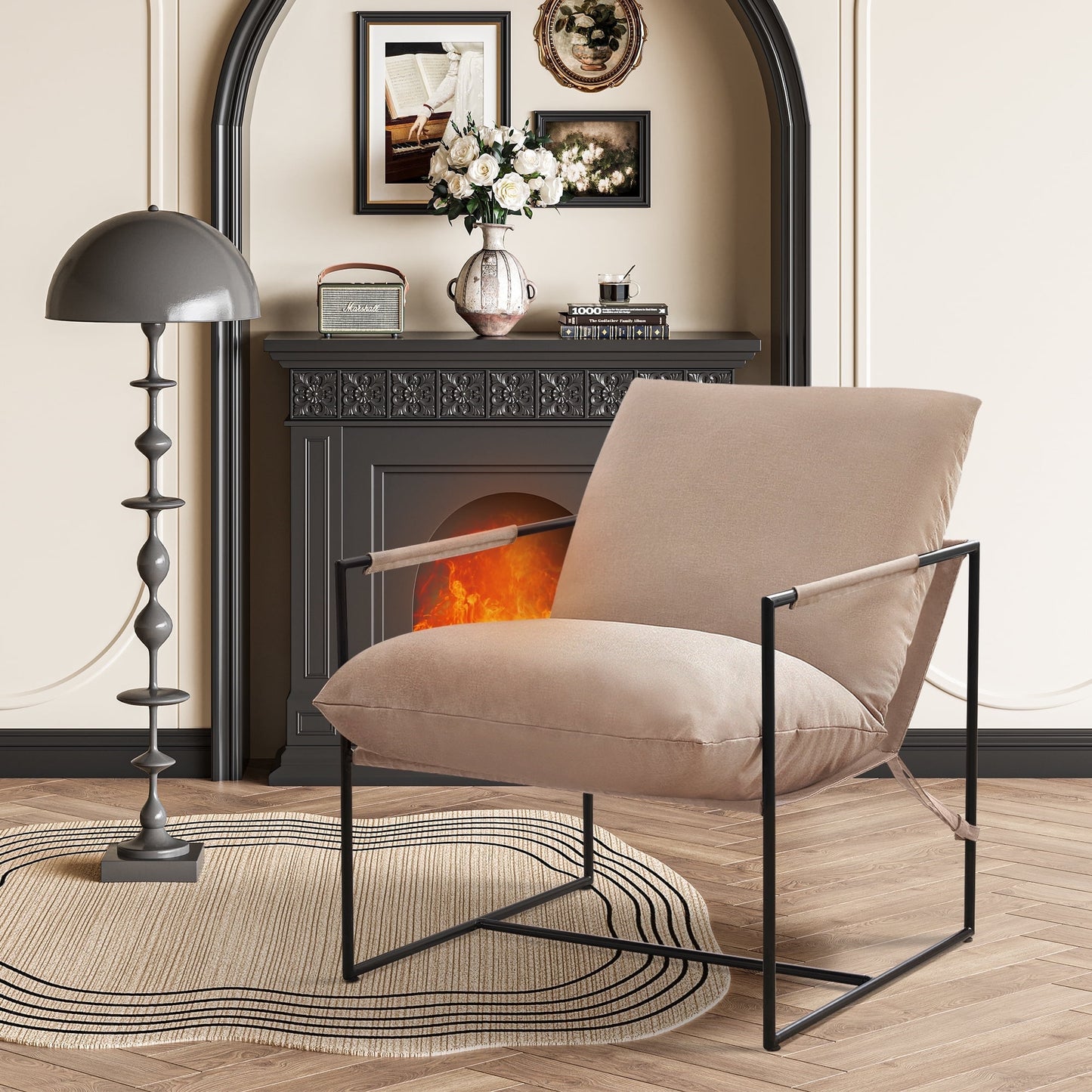 TEWLOSS Living Room Chair Sling Accent Chair with Metal Frame, Khaki