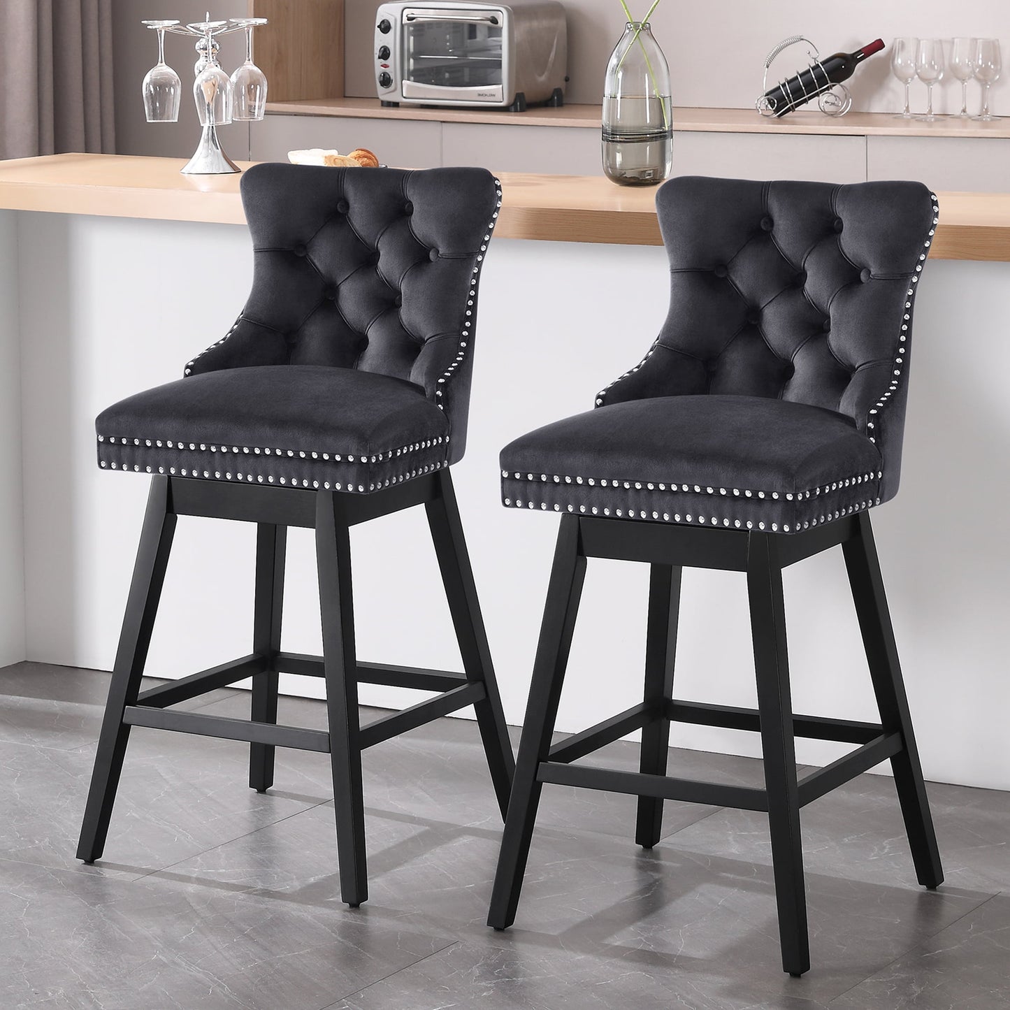 Tewloss 30" Swivel Bar Stools Set of 2 With Back Velvet Bar Height Chairs for Home Kitchen, Black