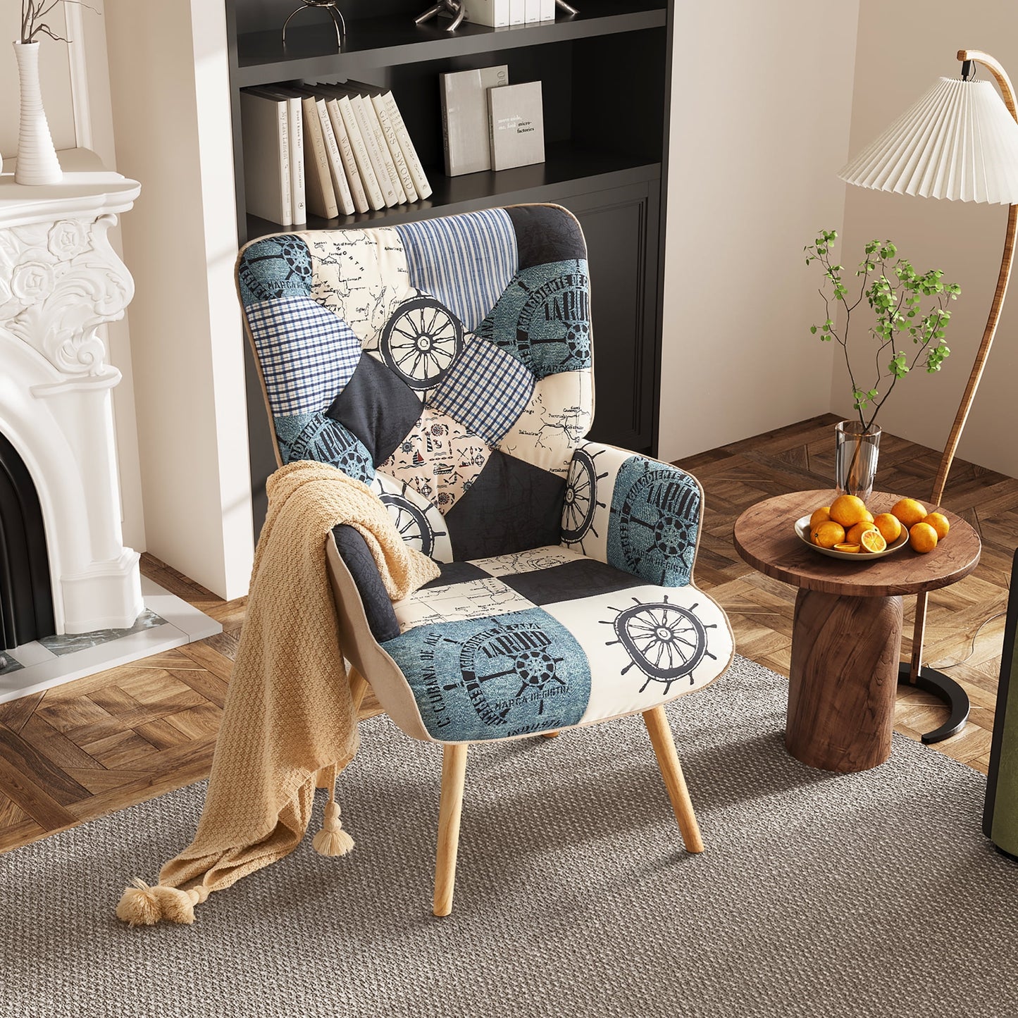 TEWLOSS Patchwork Accent Chair Living Room Chairs with Wooden Leg, Blue
