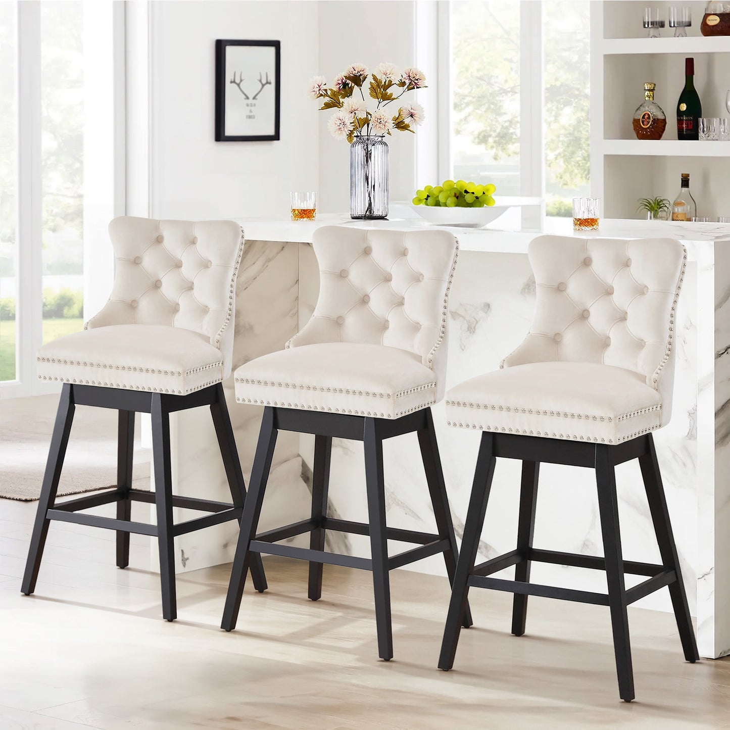 TEWLOSS Bar Stools Set of 3 Swivel 30" Velvet Barstools for Kitchen Island, Beige
