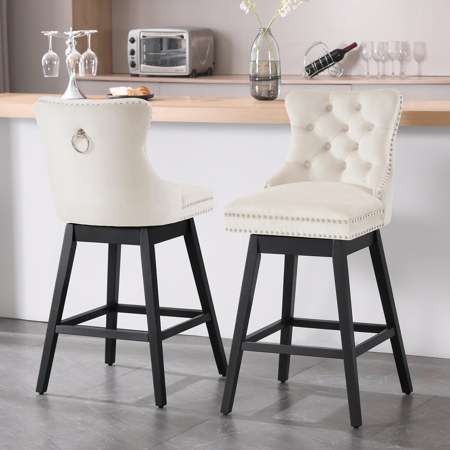 Tewloss 26" Swivel Bar Stools Set of 2 Velvet Counter Height Chairs for Home Kitchen Dining, Beige