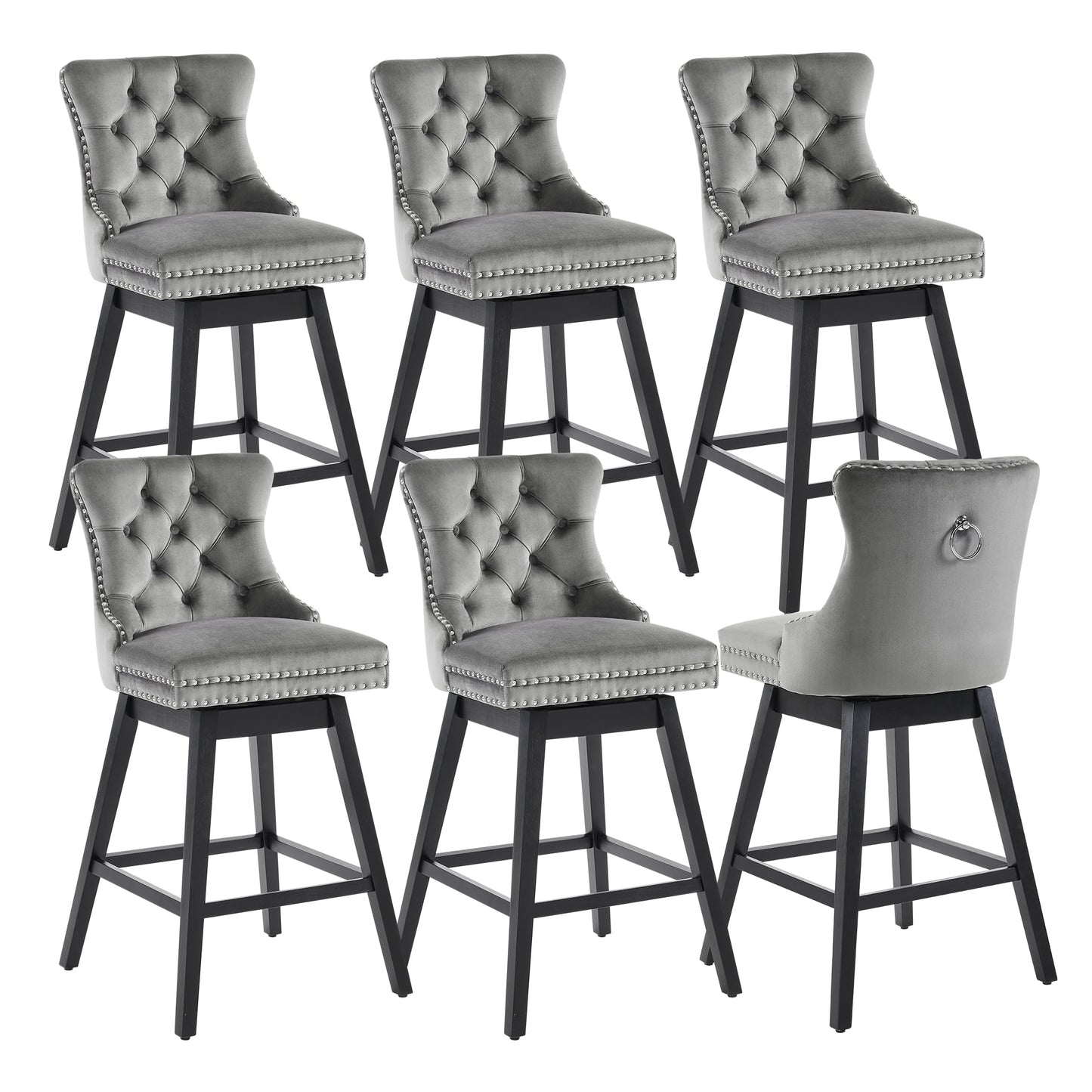 Tewloss 30" Swivel Bar Stools Set of 6 With Back Velvet Bar Height Chairs for Home Kitchen, Gray