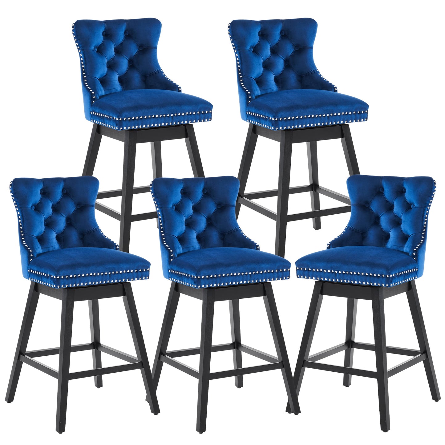 Tewloss 30" Swivel Bar Stools Set of 5 With Back Velvet Bar Height Chairs for Home Kitchen, Blue