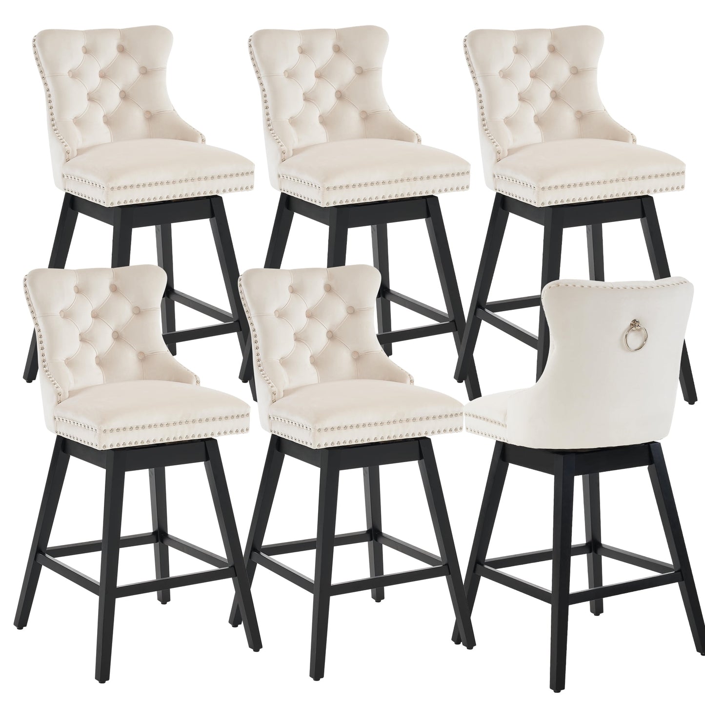 Tewloss 30" Swivel Bar Stools Set of 6 With Back Velvet Bar Height Chairs for Home Kitchen, Beige