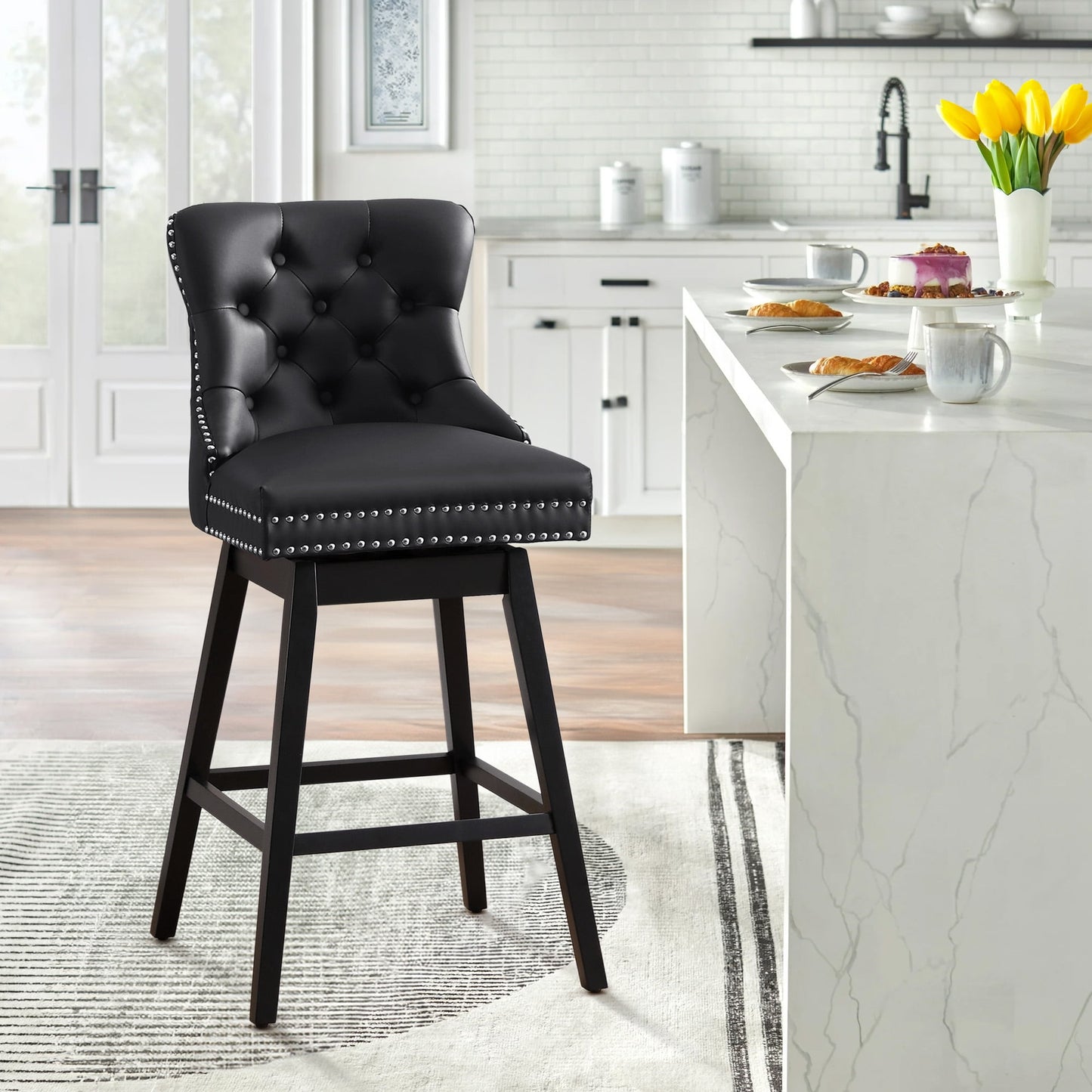 Tewloss 30" Swivel Bar Stools With Back Leather Bar Height Chairs for Home Kitchen, Black