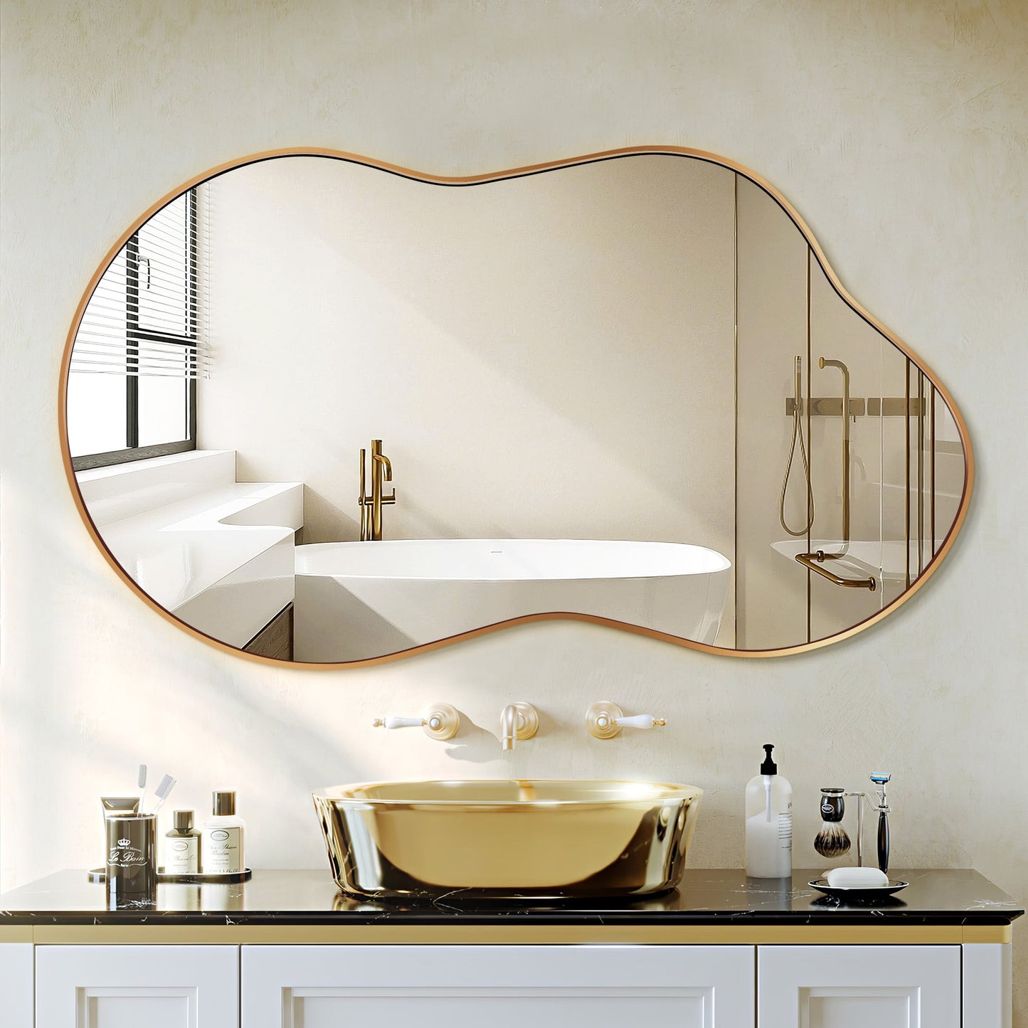 TEWLOSS Irregular Wall Mirror 36 inch x20 inch Cloud Shaped Mirrors for Bathroom, Gold Aluminum Alloy Frame
