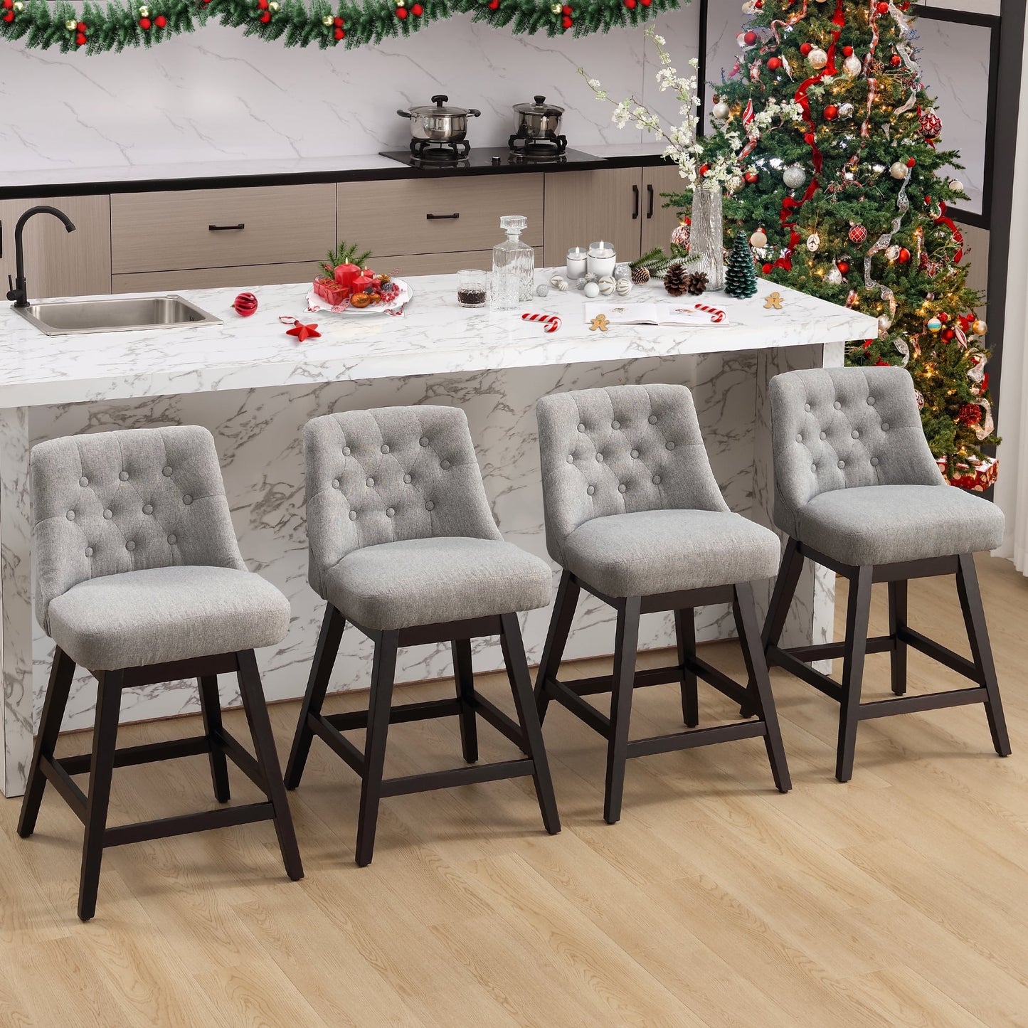 TEWLOSS Bar Stools Set of 4 Fabric Swivel Counter Height Bar Stools for Kitchen Island (26", Gray)