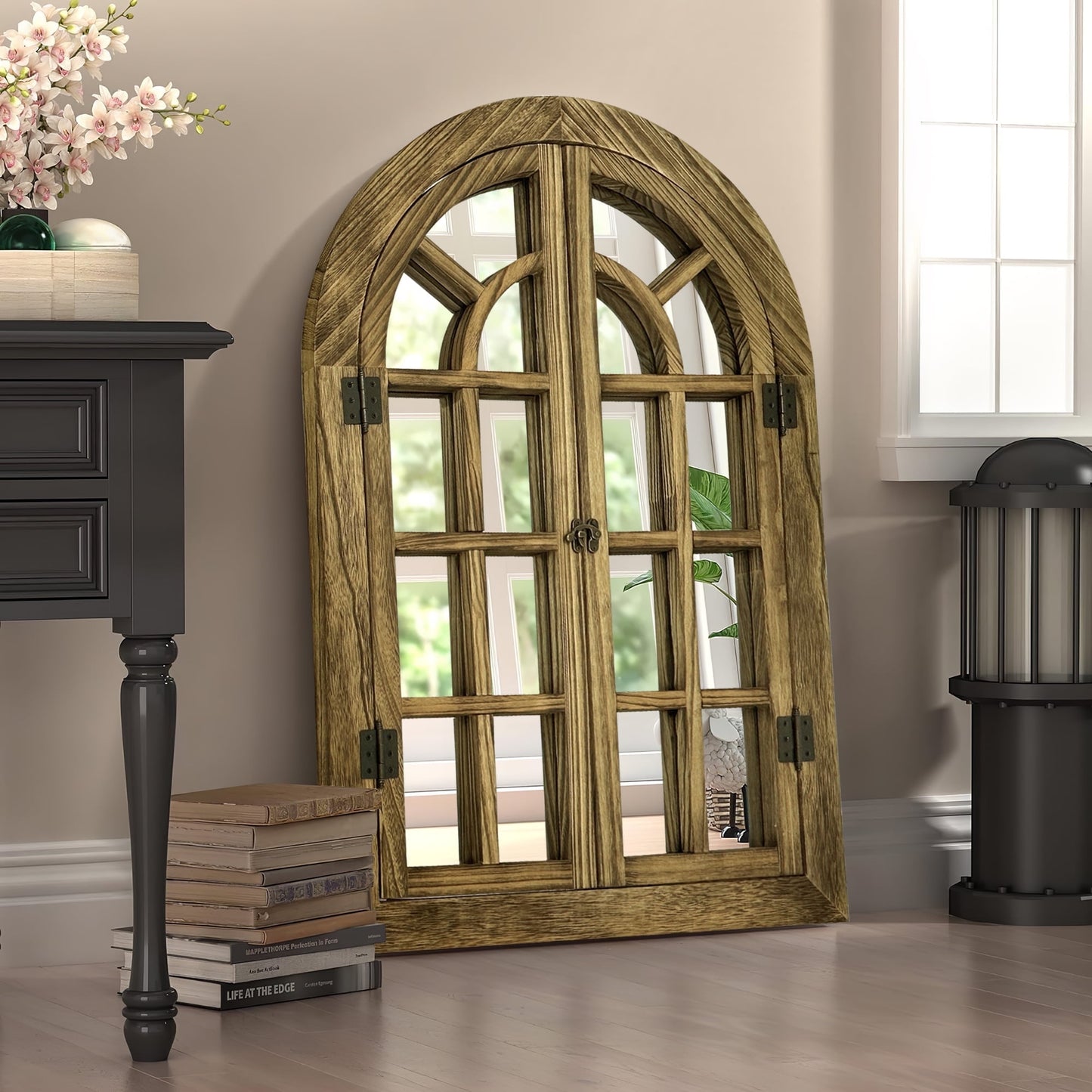 TEWLOSS Arched Mirrors Wall Mirror 30"x20" Window Pane Mirror for Wall Decor Farmhouse Wood Frame, Brown