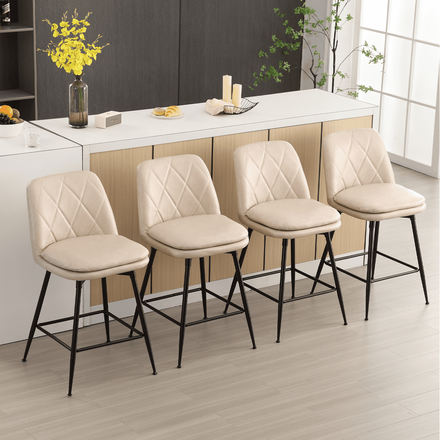 TEWLOSS 24" Counter Height Bar Stools Set of 4 Swivel Barstools Faux Leather Kitchen Chairs, Cream