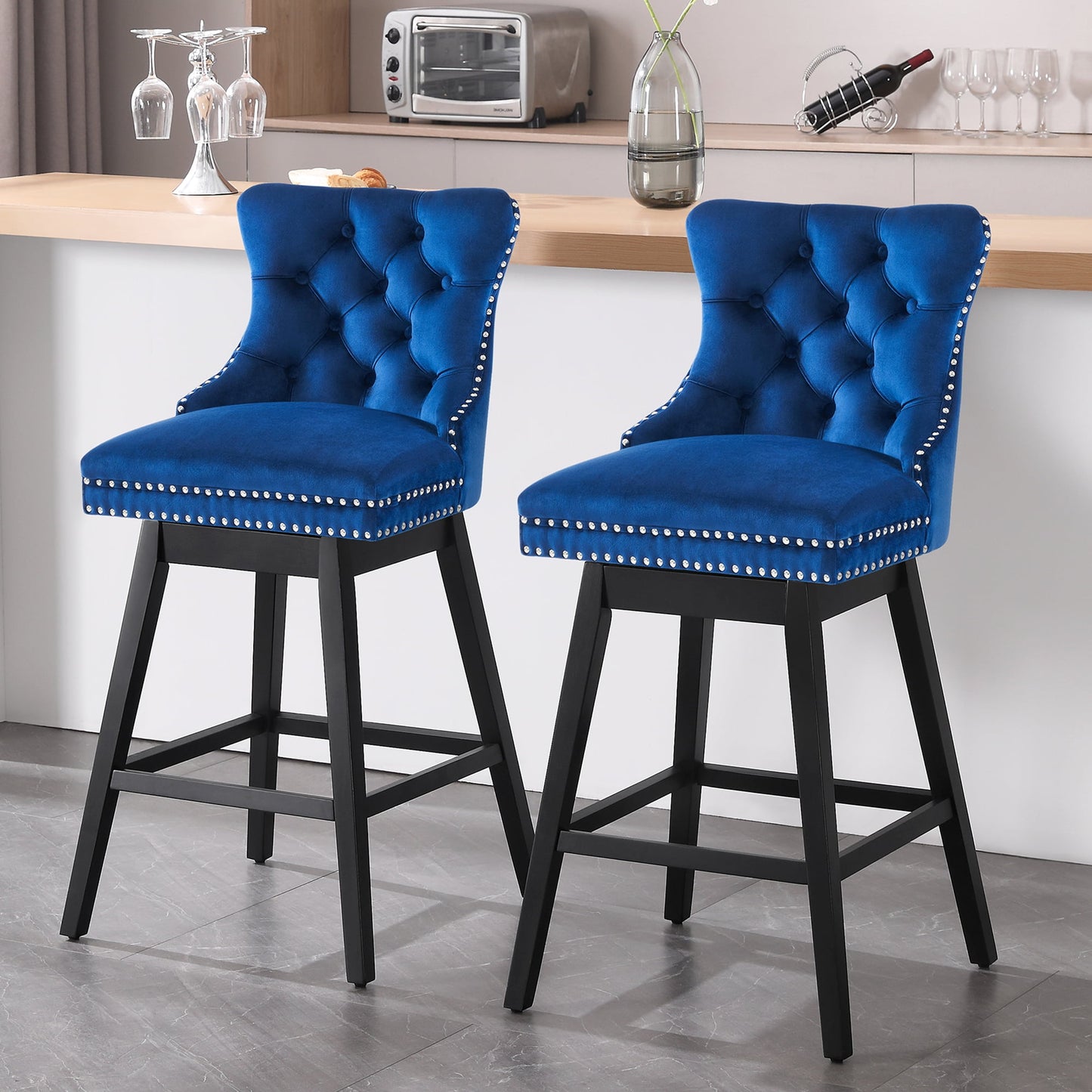 Tewloss 30" Swivel Bar Stools Set of 2 With Back Velvet Bar Height Chairs for Home Kitchen, Blue