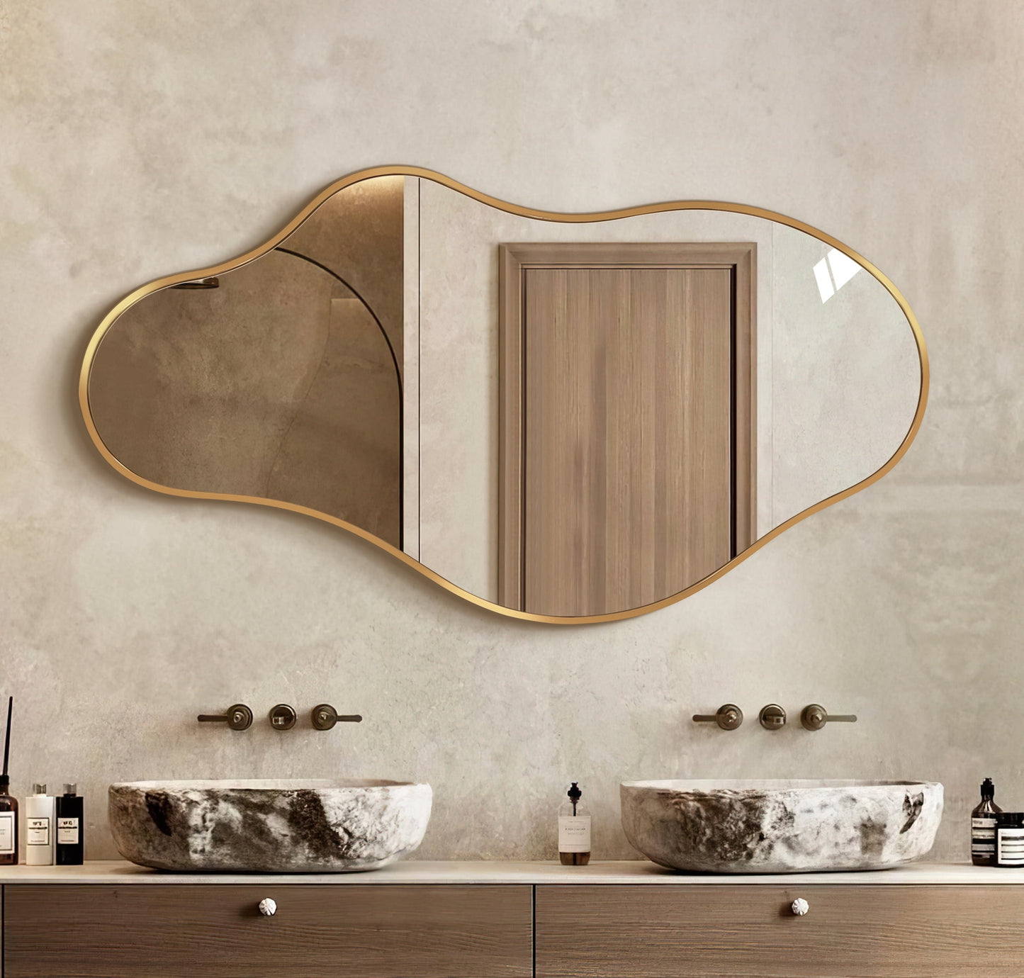 TEWLOSS Irregular Wall Mirror Decorative 36 inch x 20 inch Gold Bathroom Mirrors Metal Frame, Drop Shape