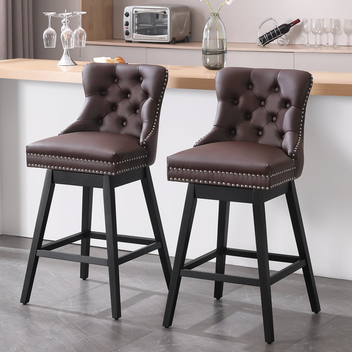 Tewloss 30" Swivel Bar Stools Set of 2 With Back Leather Bar Height Chairs for Home Kitchen, Brown