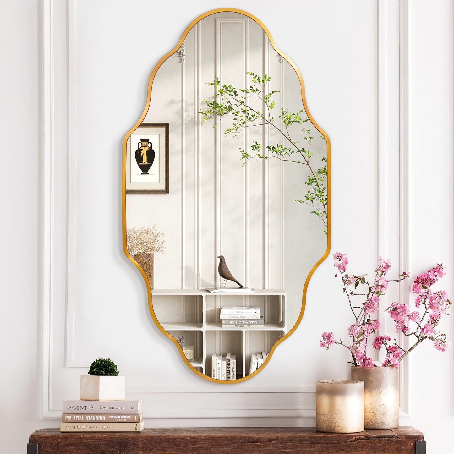 TEWLOSS Scalloped Bathroom Mirrors Wall Mirror, 36"x24" Gold Aluminum Frame