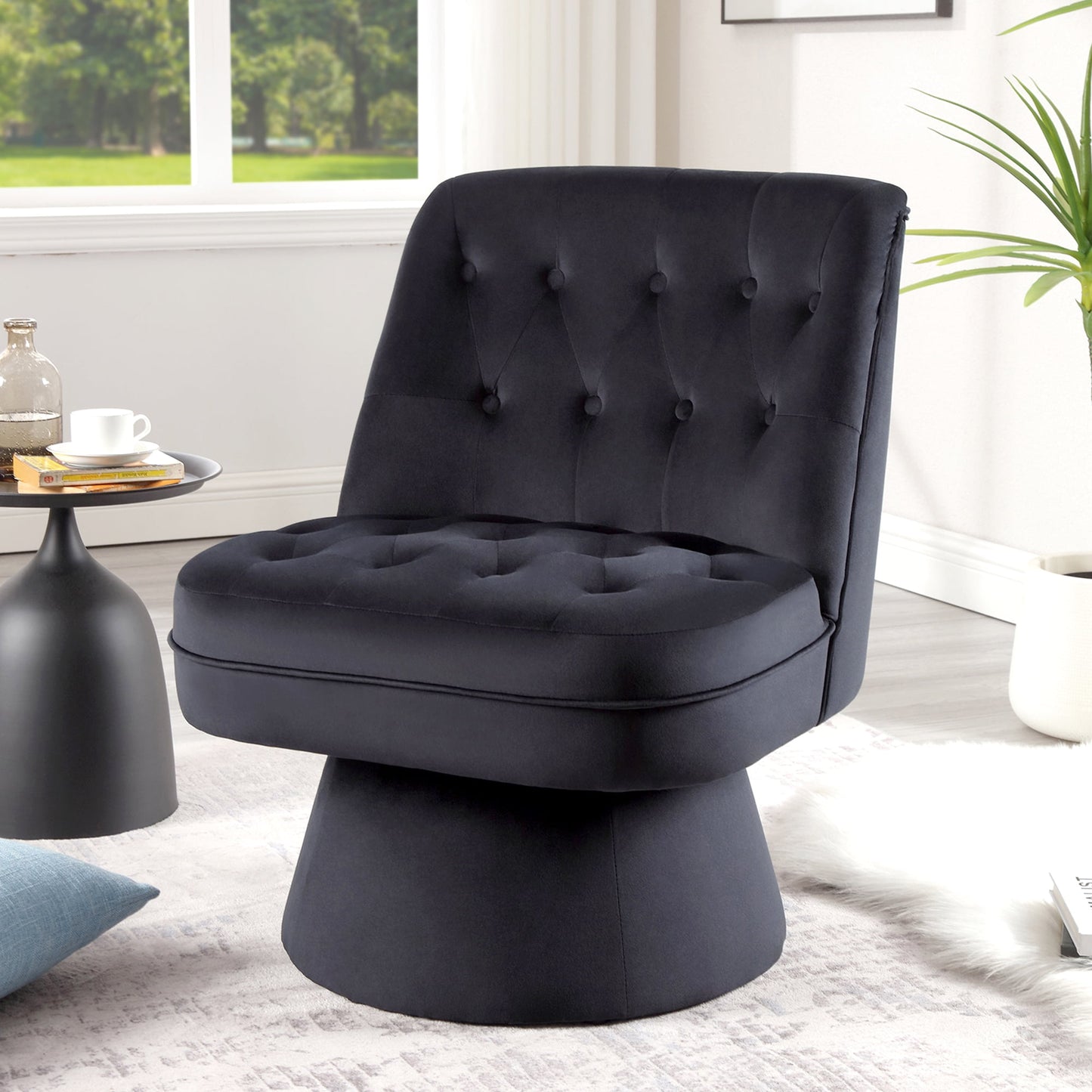 TEWLOSS Mid-Century Swivel Side Chair Button Tufted Accent Sofa 360-degree, Black