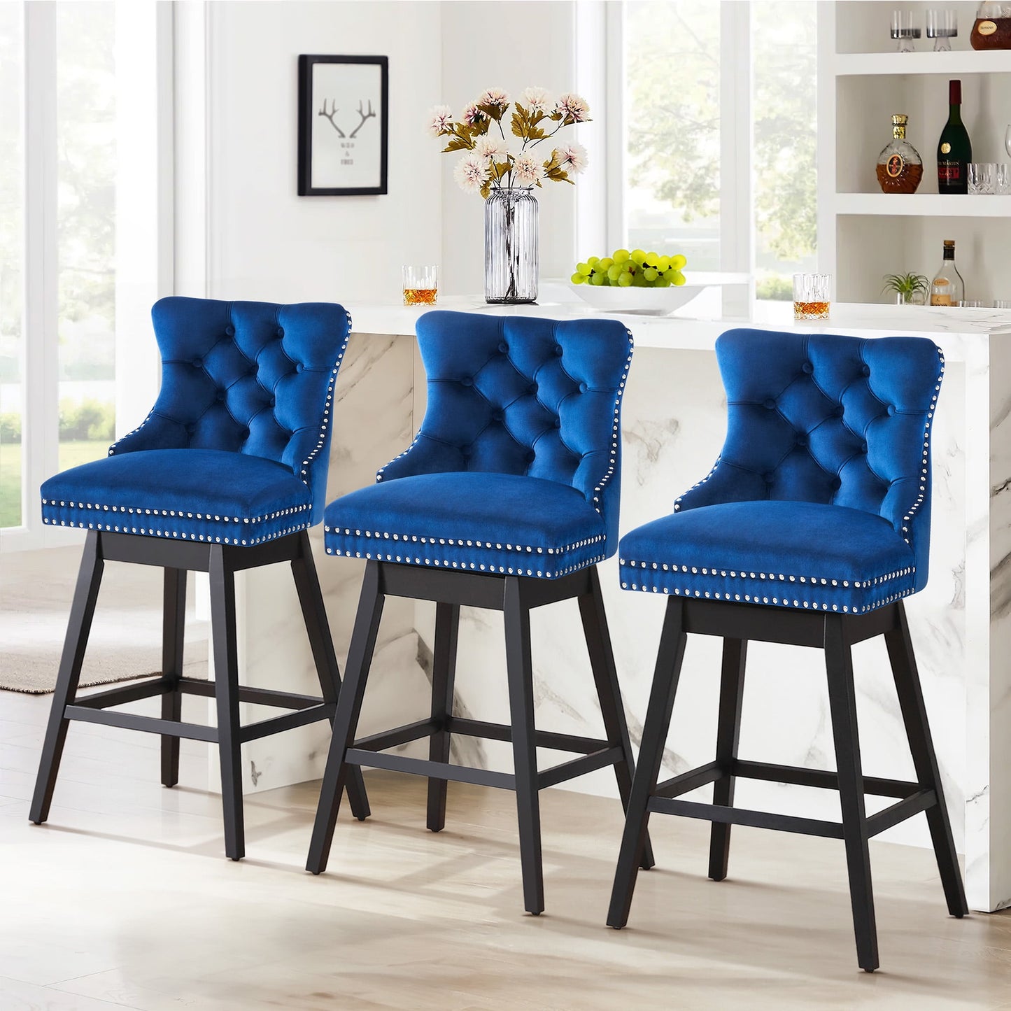TEWLOSS Bar Stools Set of 3 Swivel 30" Velvet Barstools for Kitchen Island, Blue