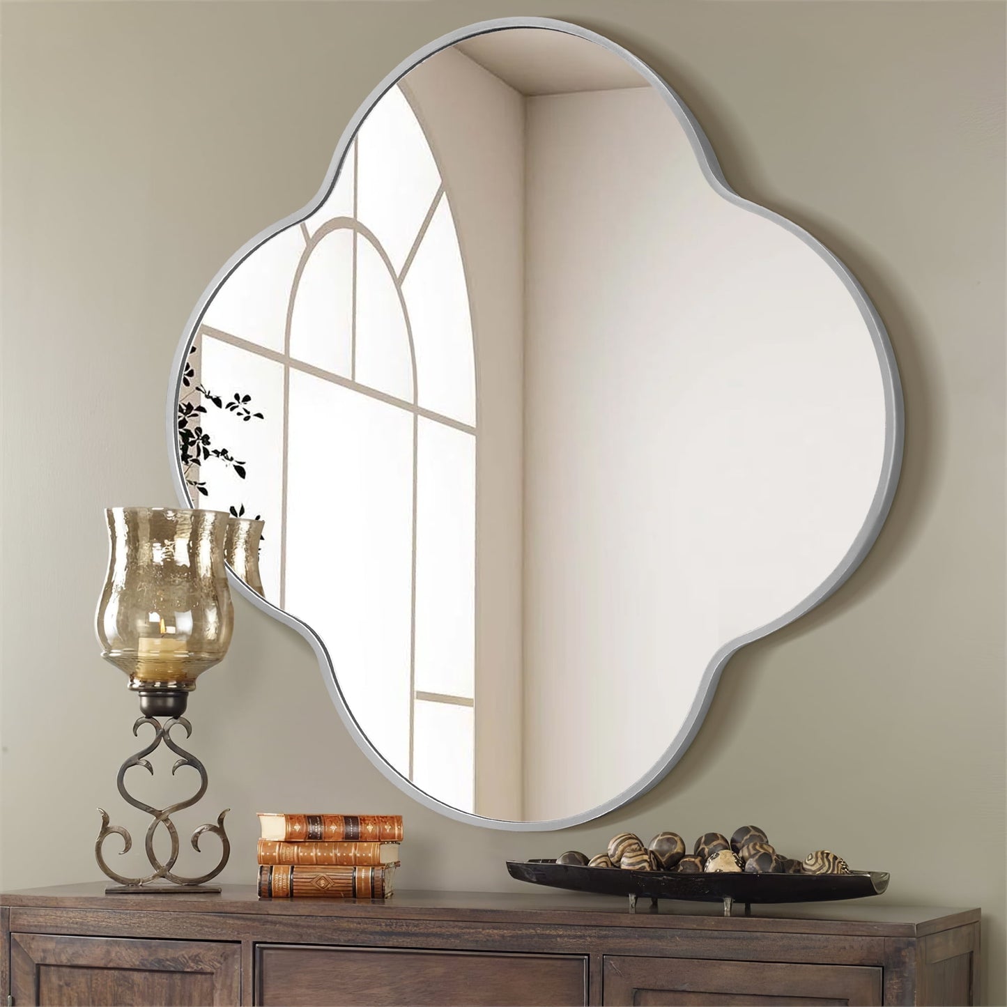 TEWLOSS 32in Mirrors Wall Mirror Four-Leaf Clover Shaped for Bathroom, Silver
