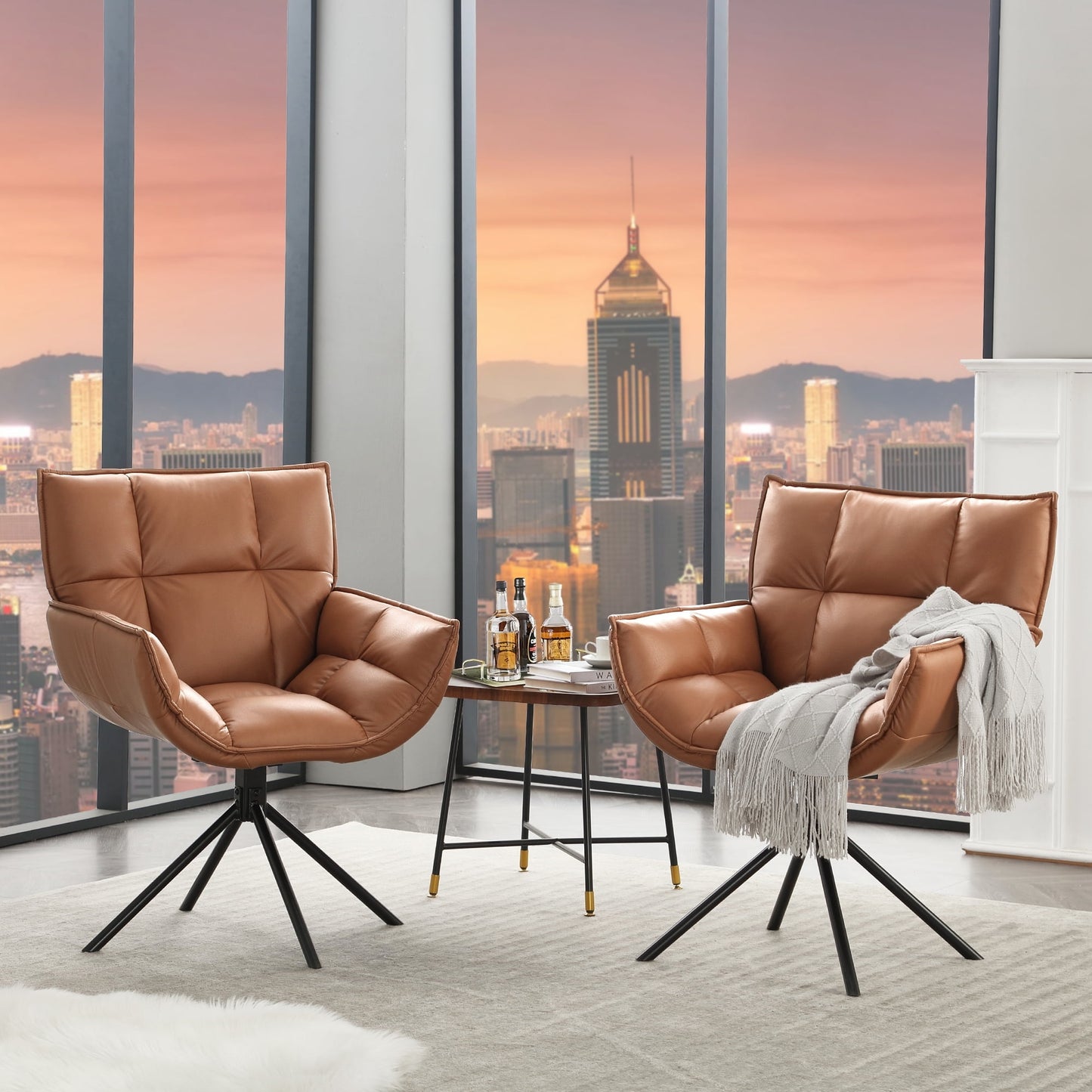 TEWLOSS Swivel Accent Chair Set of 2 Faux Leather Armchair with Metal Legs, Light Brown