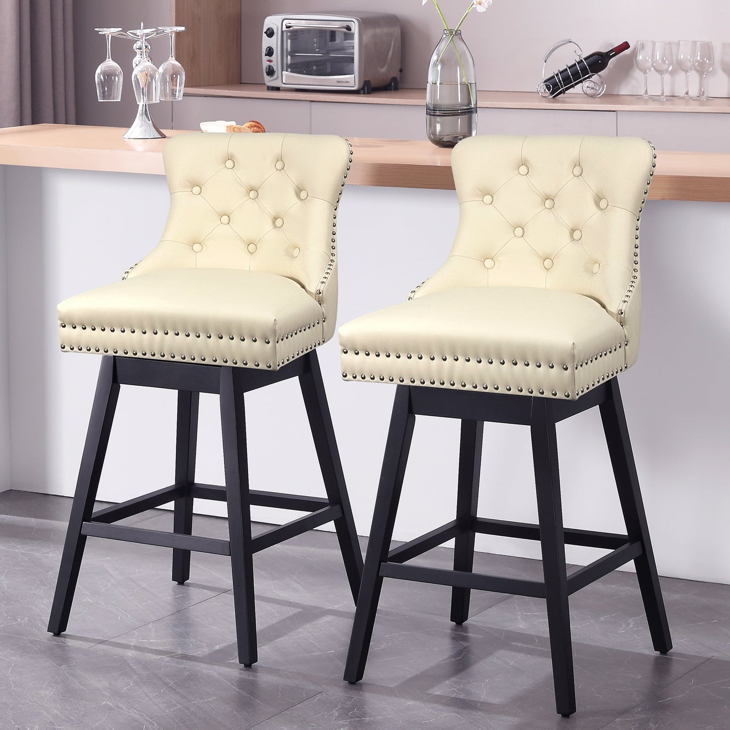 Tewloss 30" Swivel Bar Stools Set of 2 With Back Leather Bar Height Chairs for Home Kitchen, Beige