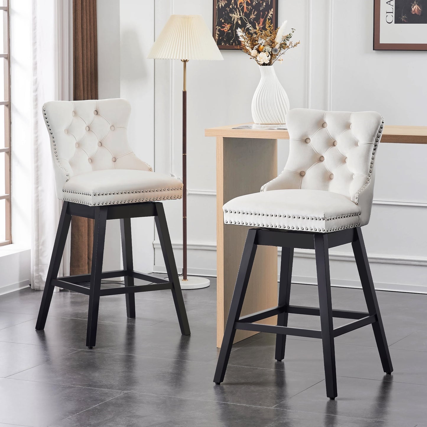 TEWLOSS Swivel Bar Stools Set of 2 Velvet Barstools for Kitchen Island (30", Beige)