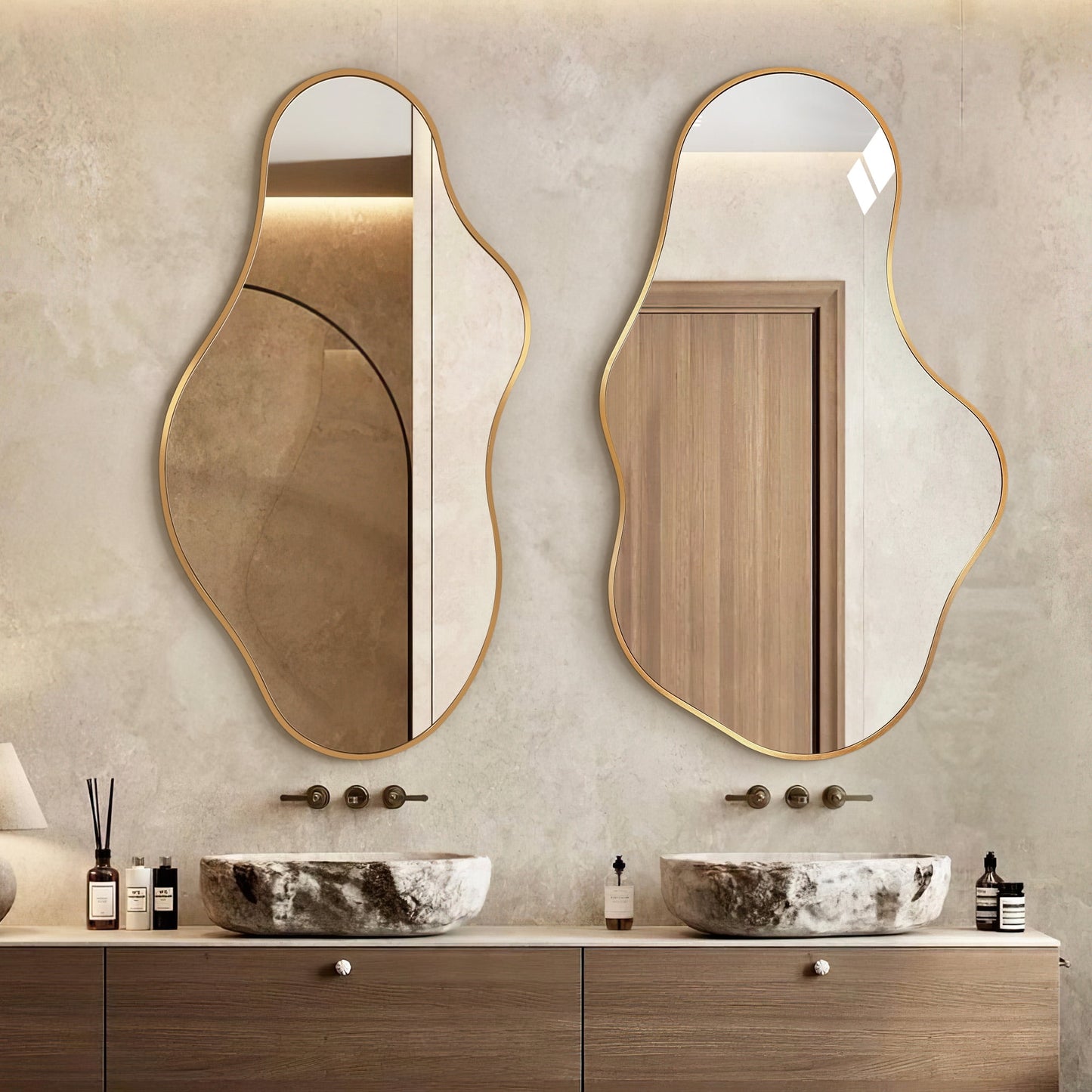 TEWLOSS Irregular Wall Mirror Decorative 43"x 26"-2PCS Gold Mirrors Metal Frame for Bathroom, Drop & Dolphin Shape