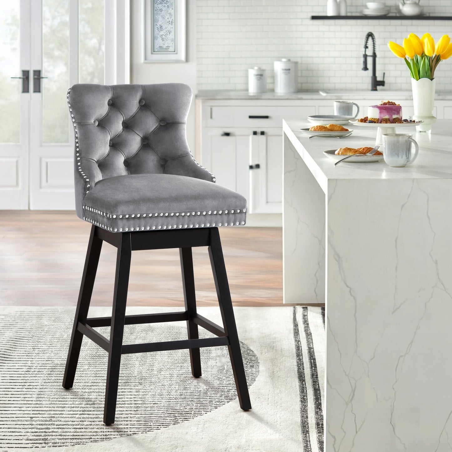 TEWLOSS Counter Height Bar Stools Swivel 26" Velvet Barstools for Kitchen Island, Gray