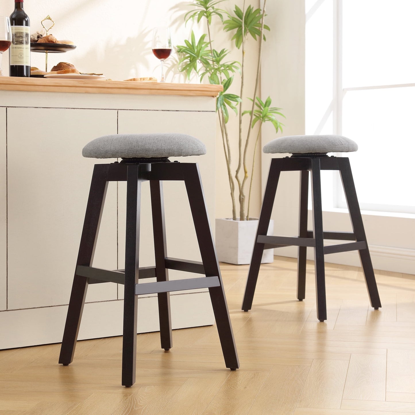TEWLOSS 26" Counter Height Bar Stools Set of 2 Swivel Round Island Chairs Button Tufted with Wood Legs, Black & Gray