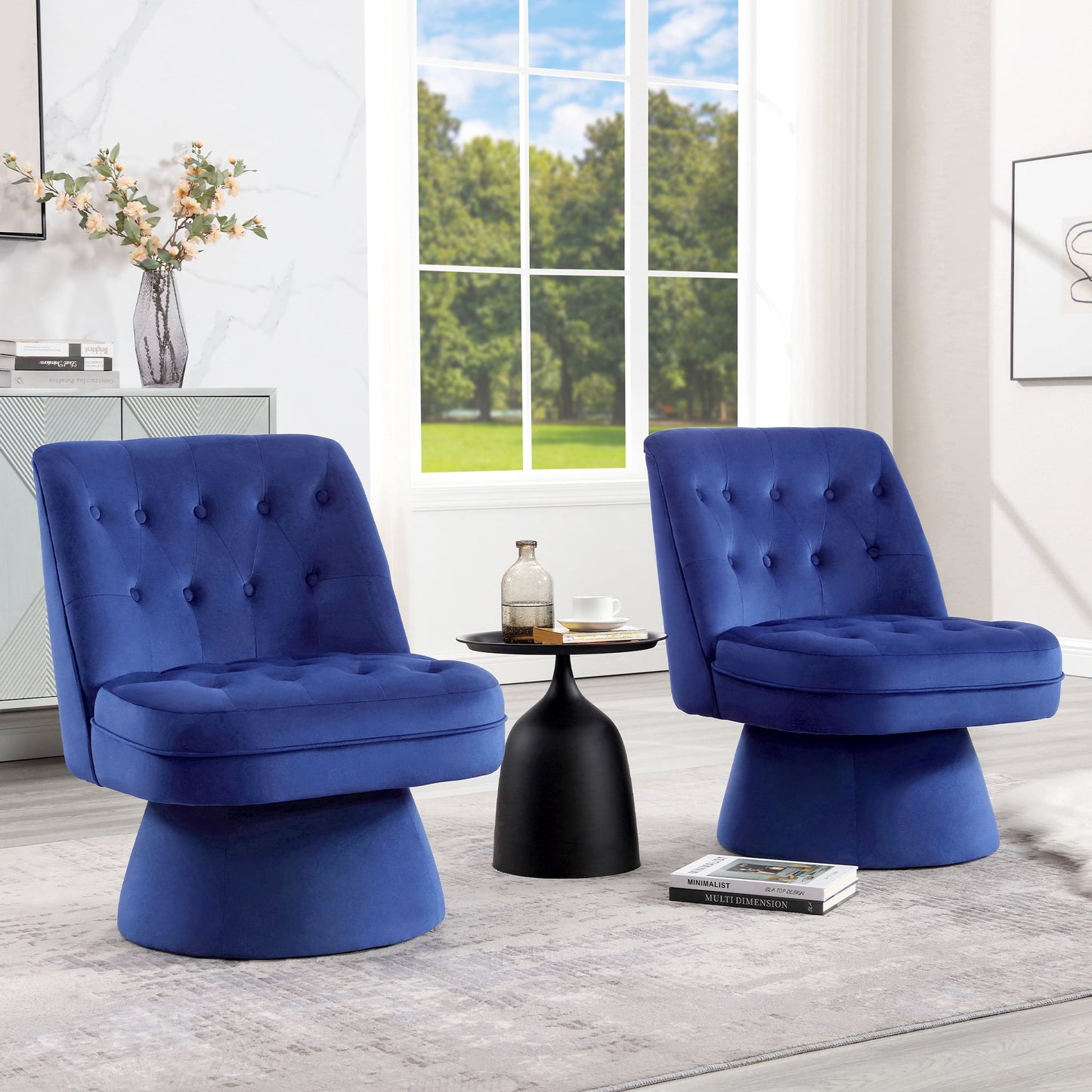 TEWLOSS Mid-Century Swivel Side Chair Button Tufted Accent Sofa Set of 2 360-degree, Navy