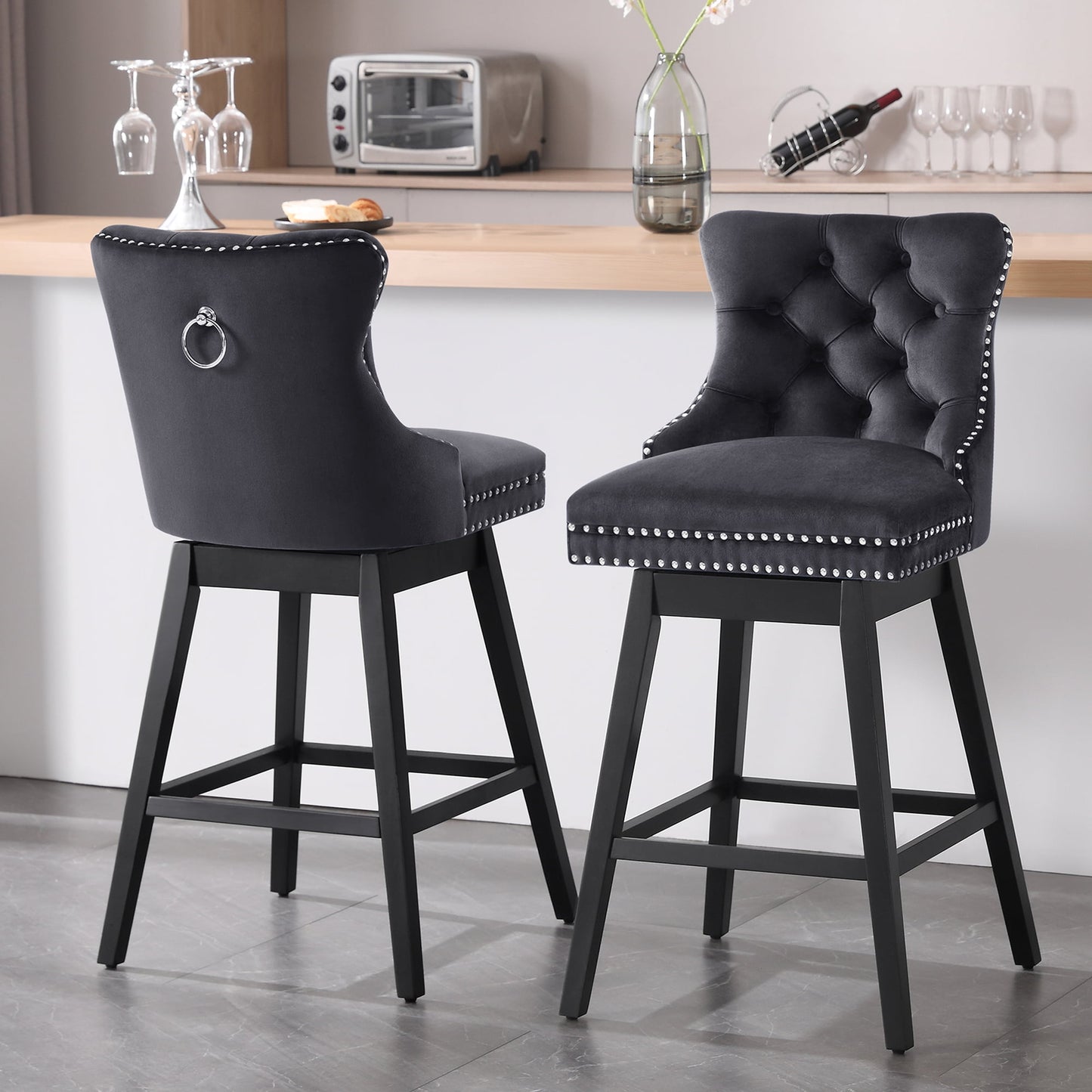 Tewloss 26" Swivel Bar Stools Set of 2 Velvet Counter Height Chairs for Home Kitchen Dining, Black
