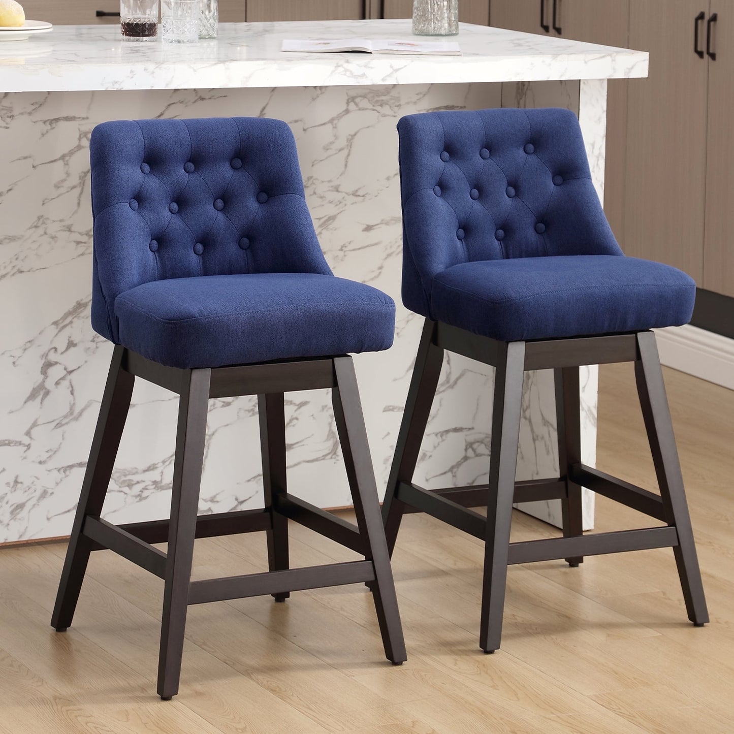 TEWLOSS Swivel Bar Stools Set of 2 Linen Fabric Barstools for Kitchen Island (29", Blue)