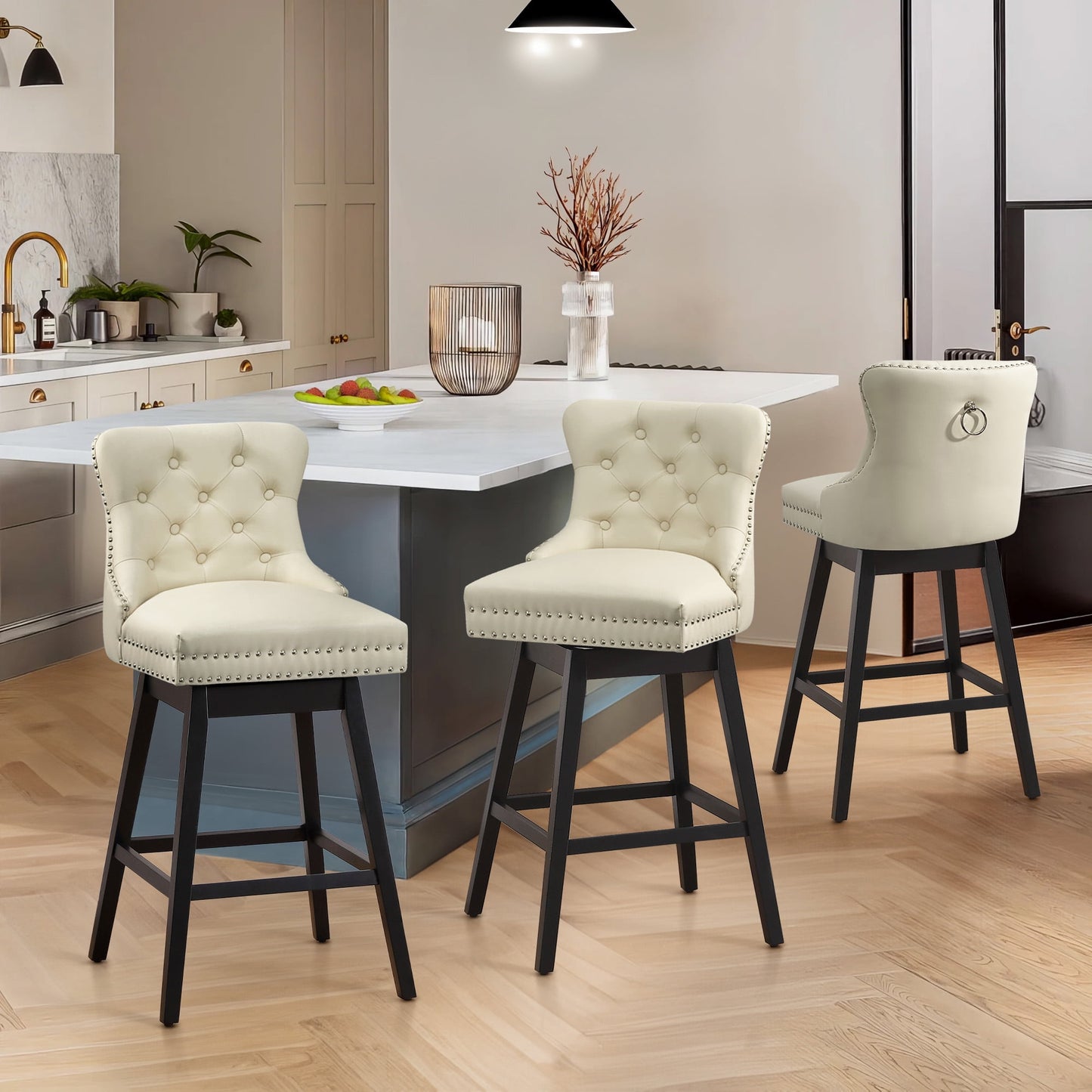 Tewloss 26" Swivel Bar Stools Set of 3 Leather Counter Height Chairs for Home Kitchen Dining, Beige