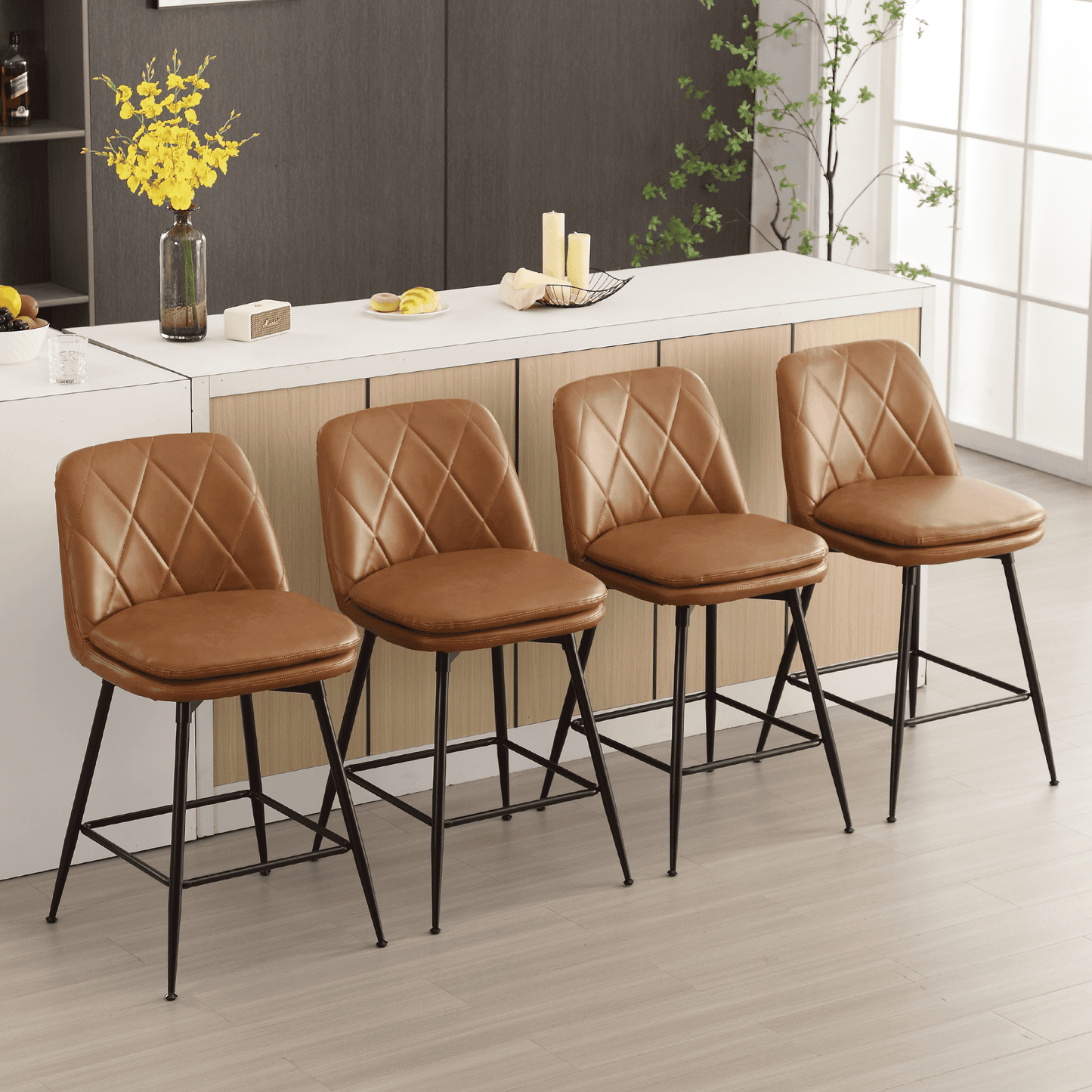 TEWLOSS 28" Bar Stools Set of 4 Swivel Barstools Faux Leather Kitchen Chairs, Brown