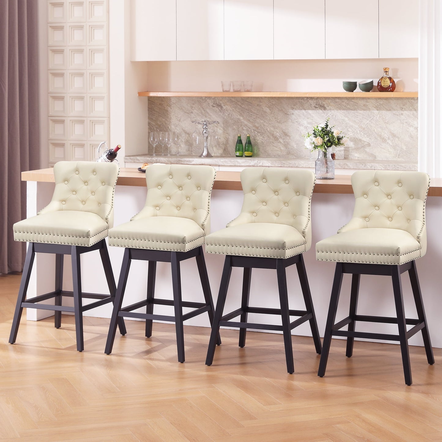 Tewloss 30" Swivel Bar Stools Set of 4 With Back Leather Bar Height Chairs for Home Kitchen, Beige