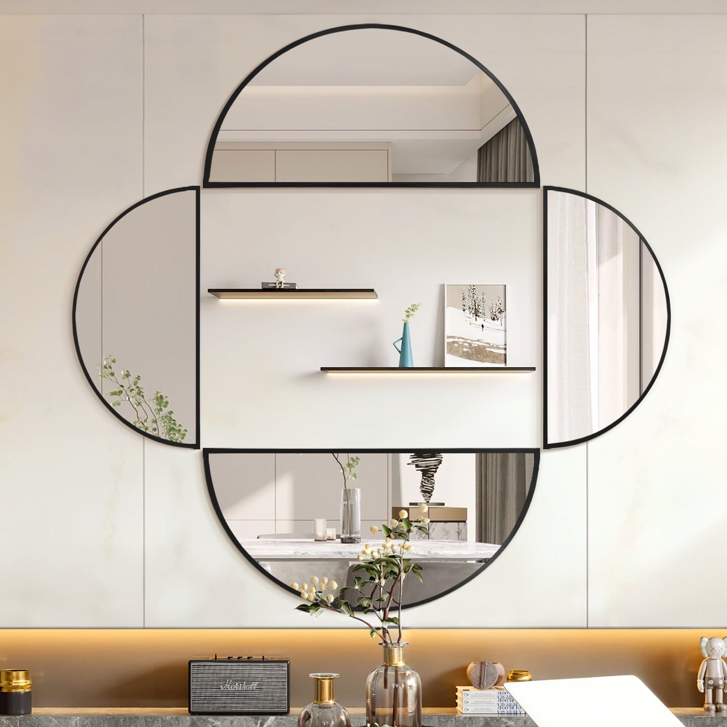 Tewloss DIY Bathroom Mirrors Half Circle Wall Mirror Sets 4PCS for Home Decor (Black, S&M)