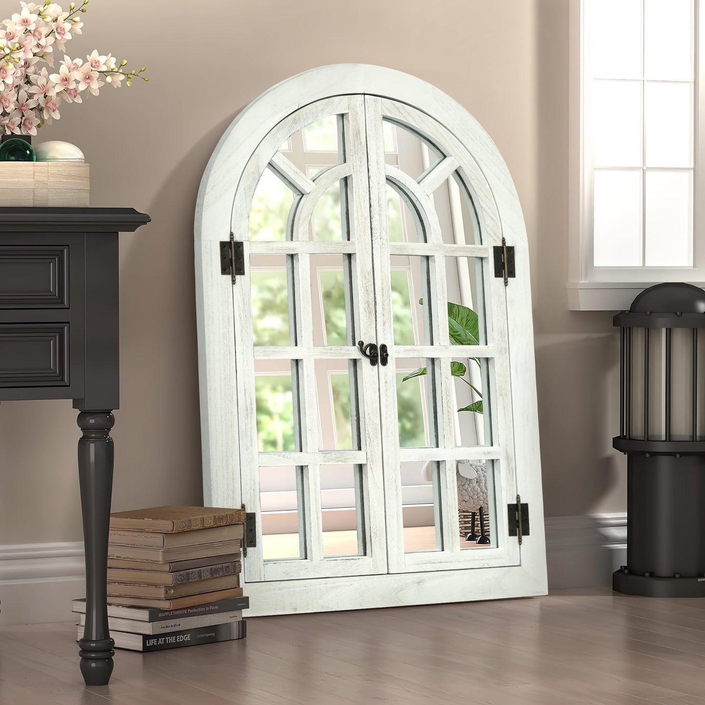 TEWLOSS Arched Mirrors Wall Mirror 30"x20" Window Pane Mirror for Wall Decor Farmhouse Wood Frame, White