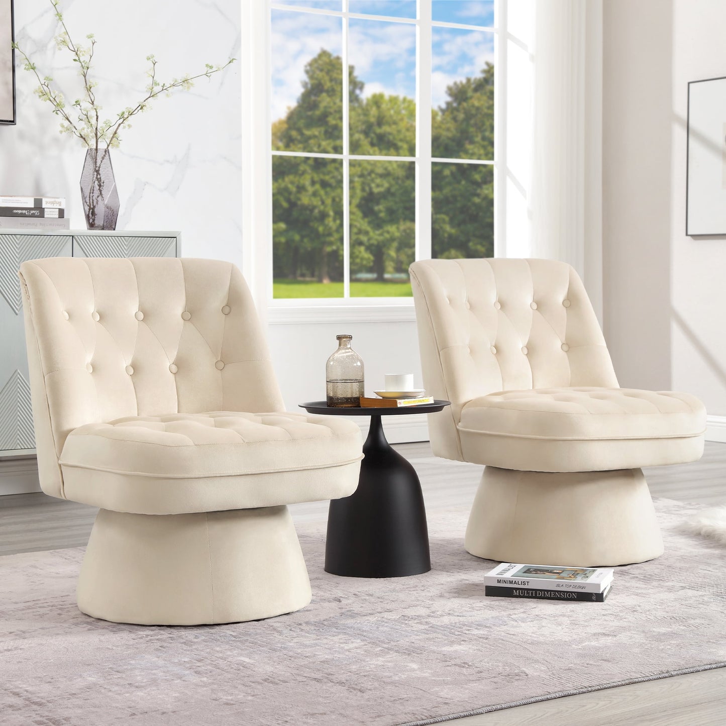 TEWLOSS Mid-Century Swivel Side Chair Button Tufted Accent Sofa Set of 2 360-degree, Beige