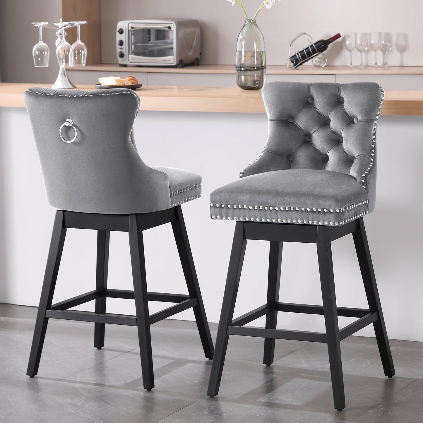 Tewloss 26" Swivel Bar Stools Set of 2 Velvet Counter Height Chairs for Home Kitchen Dining, Gray