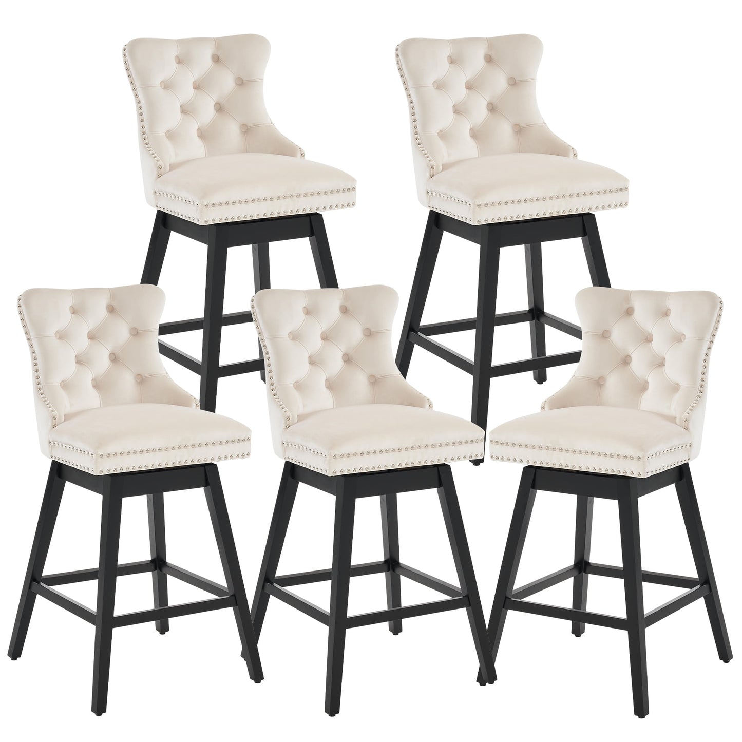 Tewloss 30" Swivel Bar Stools Set of 5 With Back Velvet Bar Height Chairs for Home Kitchen, Beige