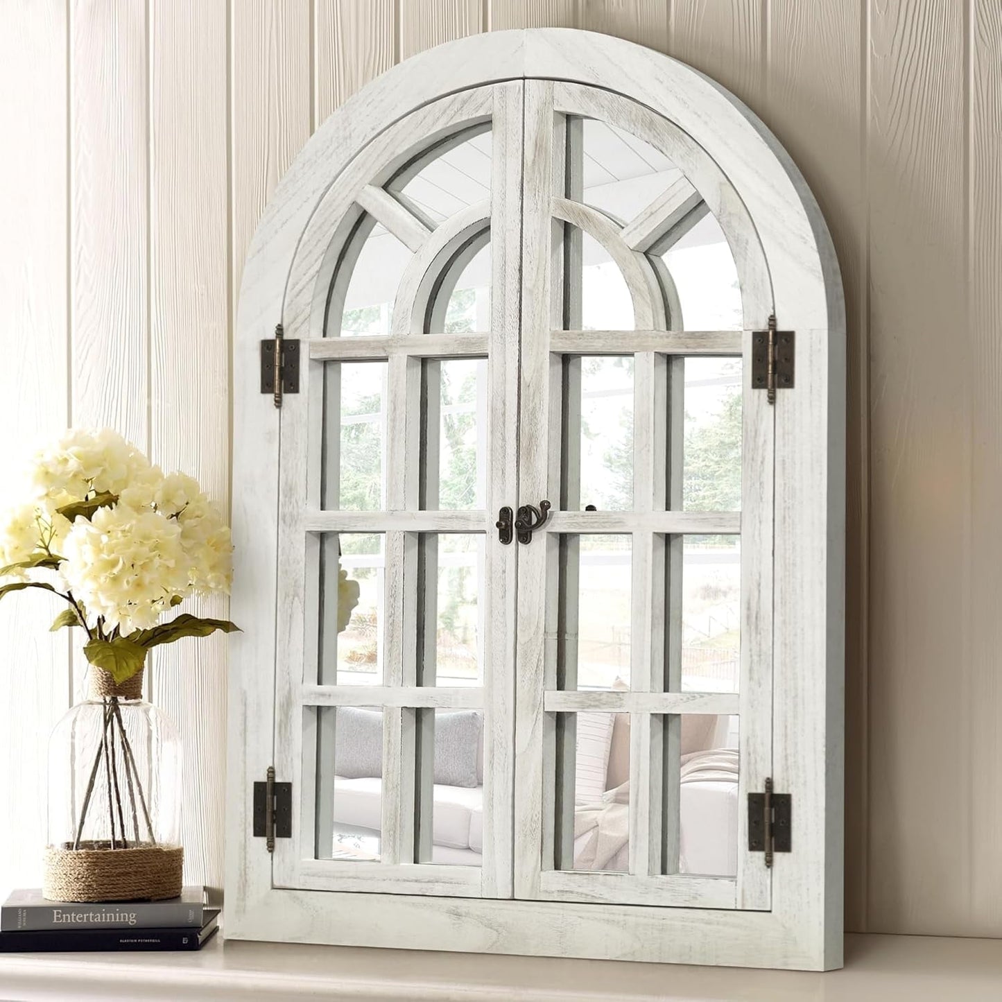 TEWLOSS Arched Mirrors Wall Mirror 36"x24" Window Pane Mirror for Wall Decor Farmhouse Wood Frame, White