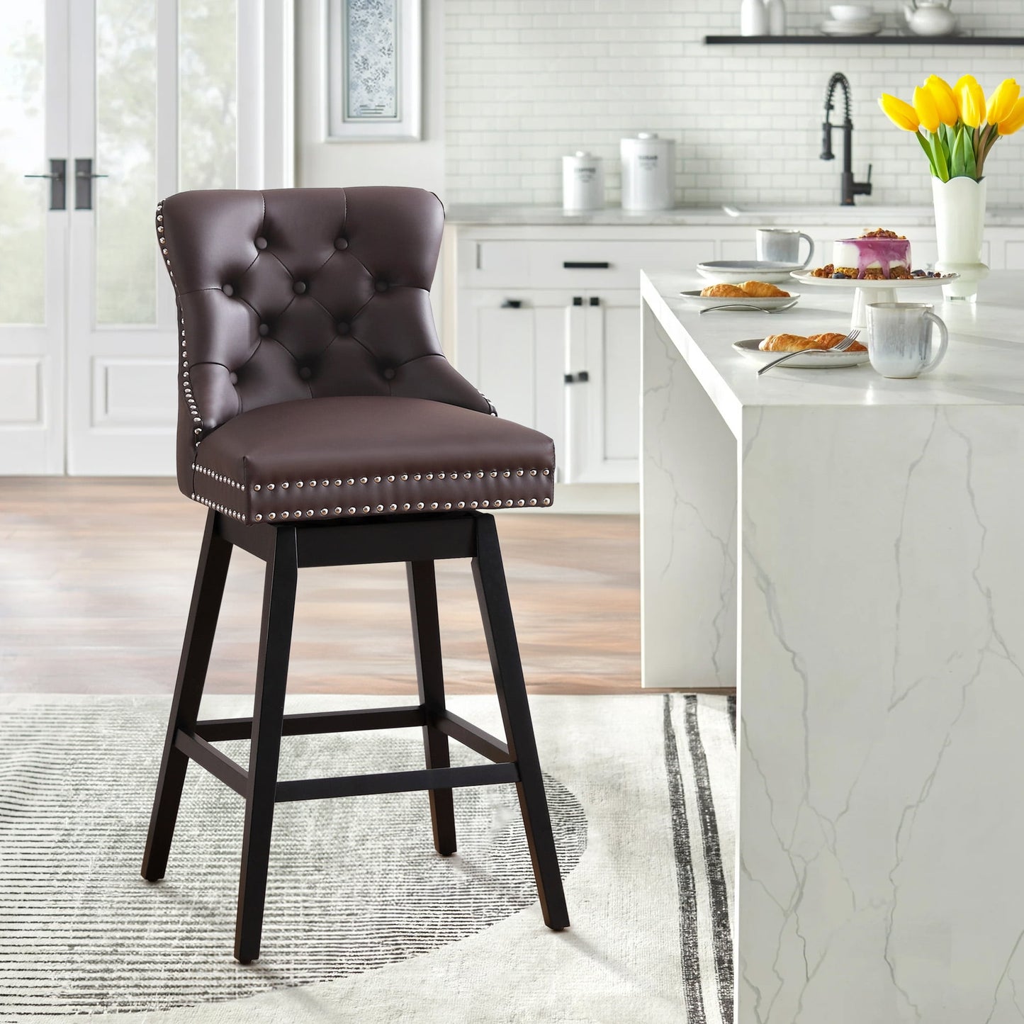 Tewloss 30" Swivel Bar Stools With Back Leather Bar Height Chairs for Home Kitchen, Brown