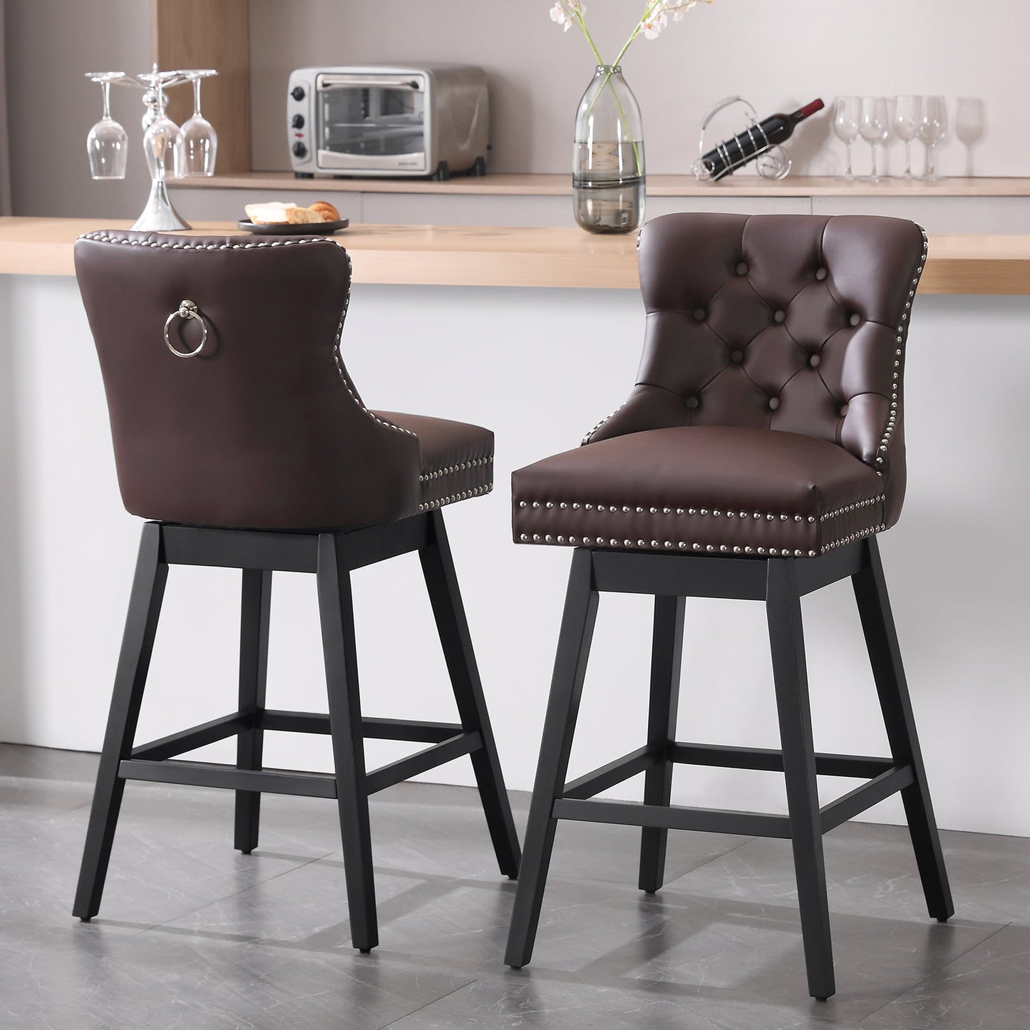 Tewloss 26" Swivel Bar Stools Set of 2 Leather Counter Height Chairs for Home Kitchen Dining, Brown
