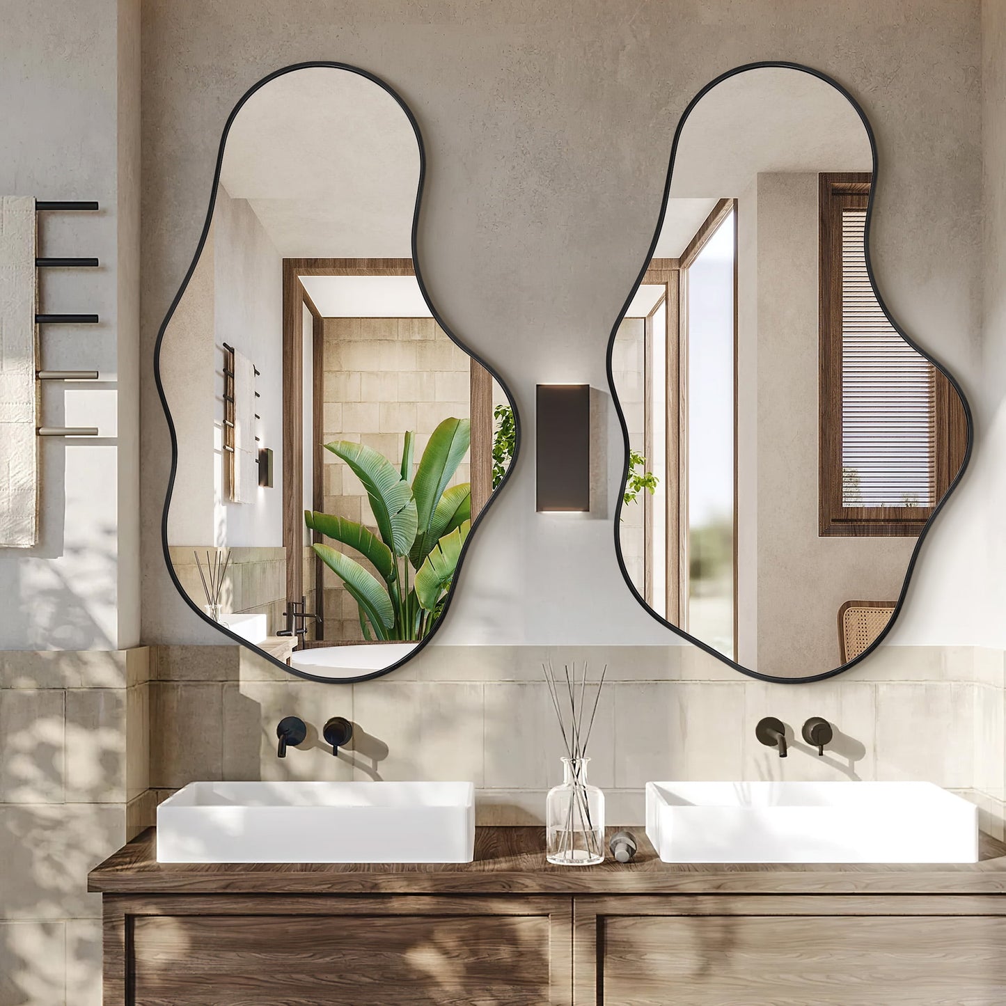 TEWLOSS Irregular Wall Mirror 36"x 22"-2PCS Black Bathroom Mirrors Metal Frame, Dolphin Shape