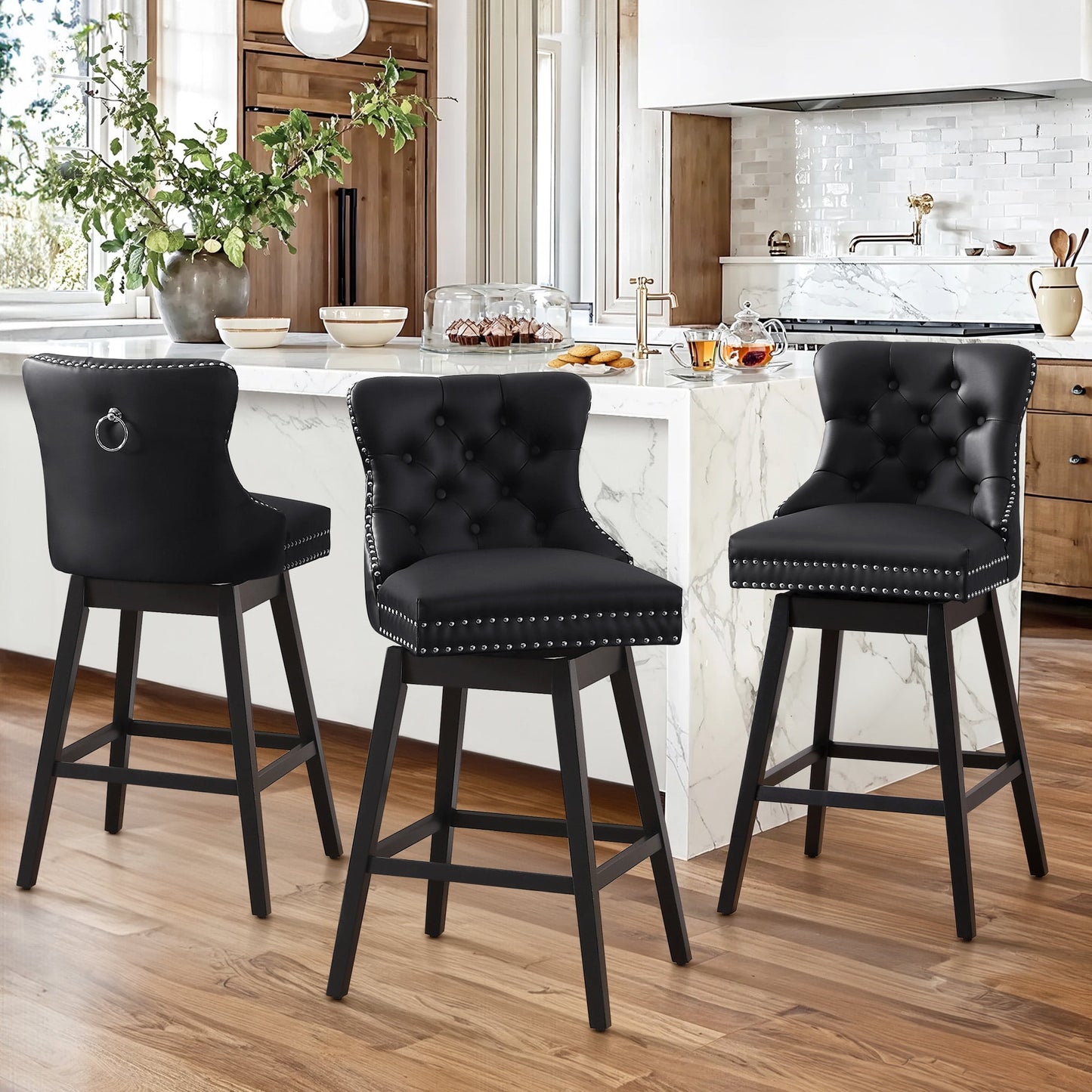 Tewloss 26" Swivel Bar Stools Set of 3 Leather Counter Height Chairs for Home Kitchen Dining, Black
