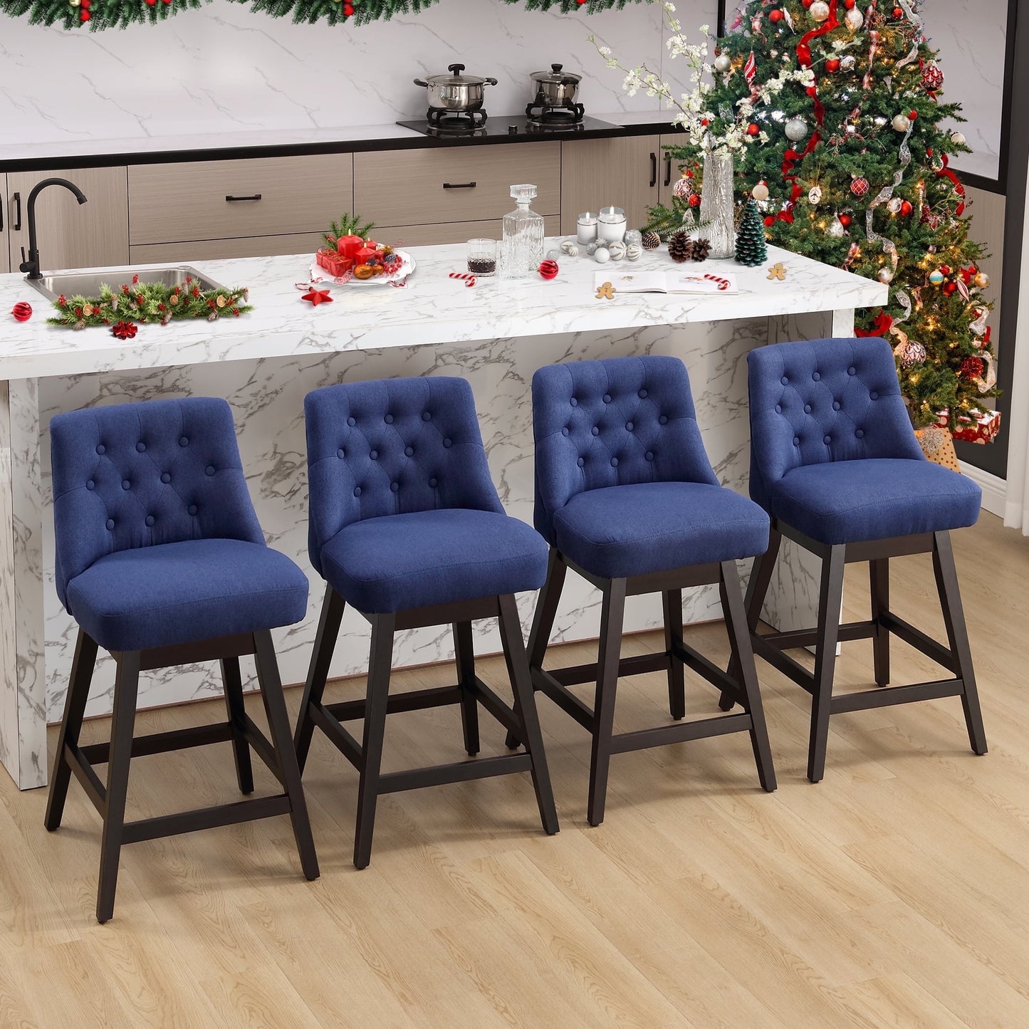 TEWLOSS Swivel Bar Stools Set of 4 Linen Fabric Barstools for Kitchen Island (29", Blue)