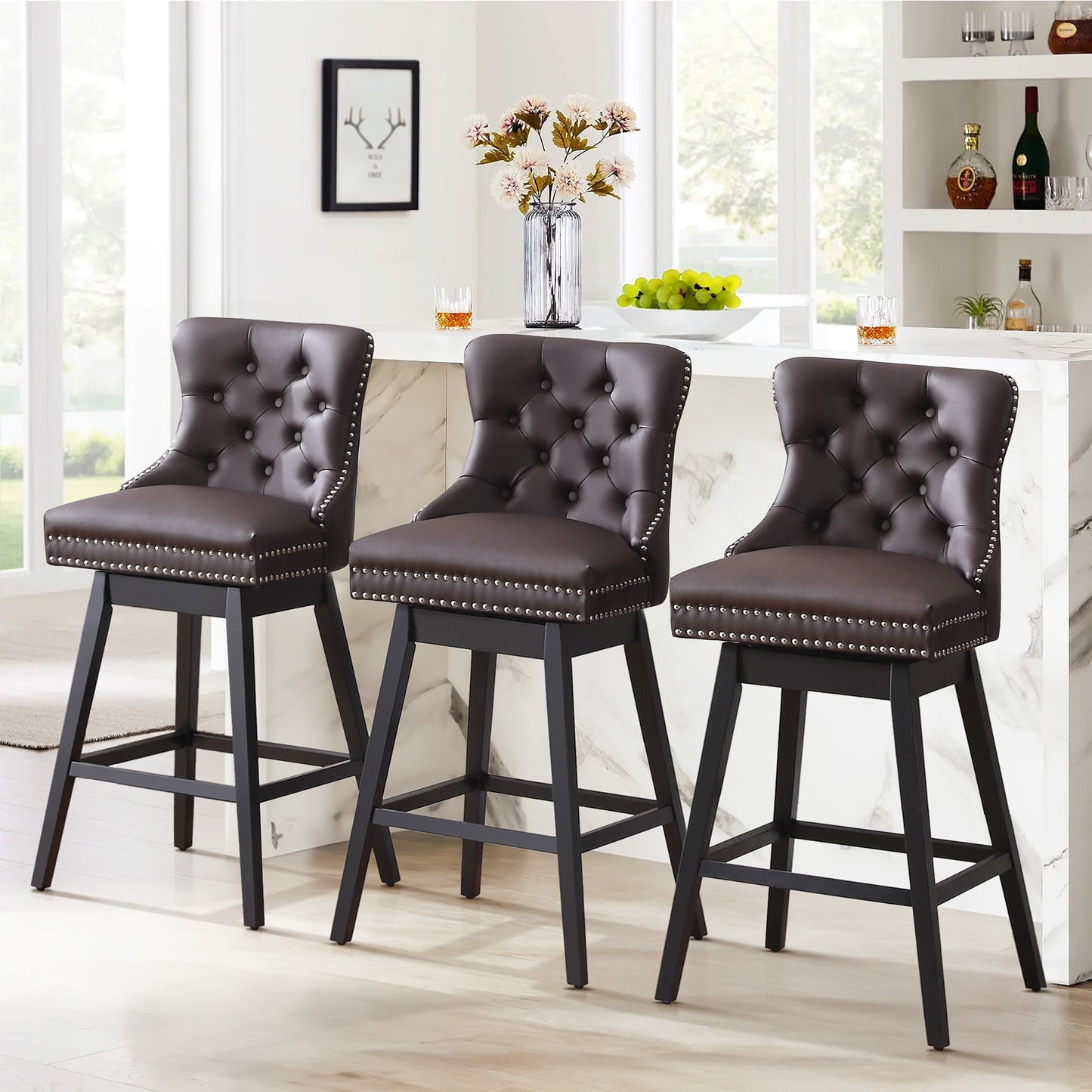 Tewloss 30" Swivel Bar Stools Set of 3 With Back Leather Bar Height Chairs for Home Kitchen, Brown