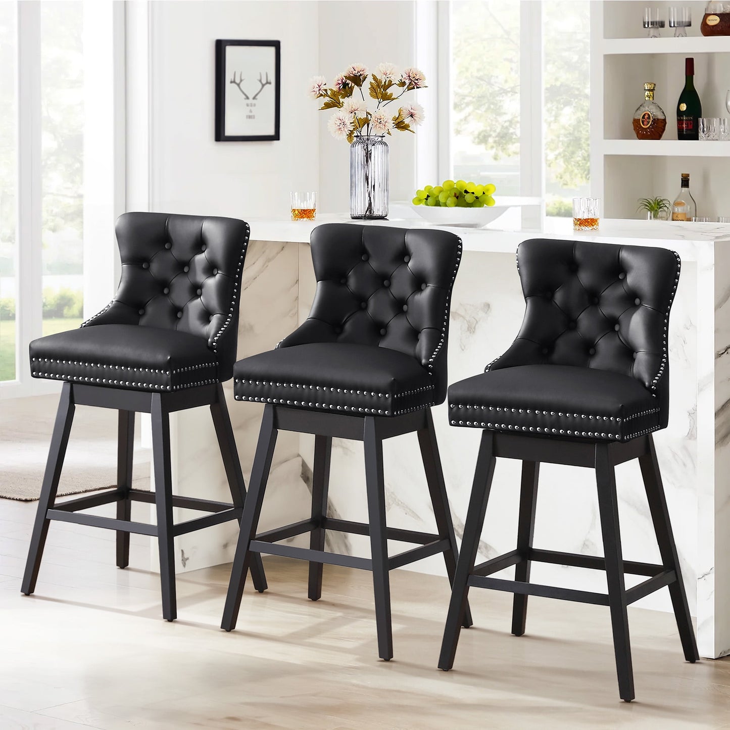 Tewloss 30" Swivel Bar Stools Set of 3 With Back Leather Bar Height Chairs for Home Kitchen, Black