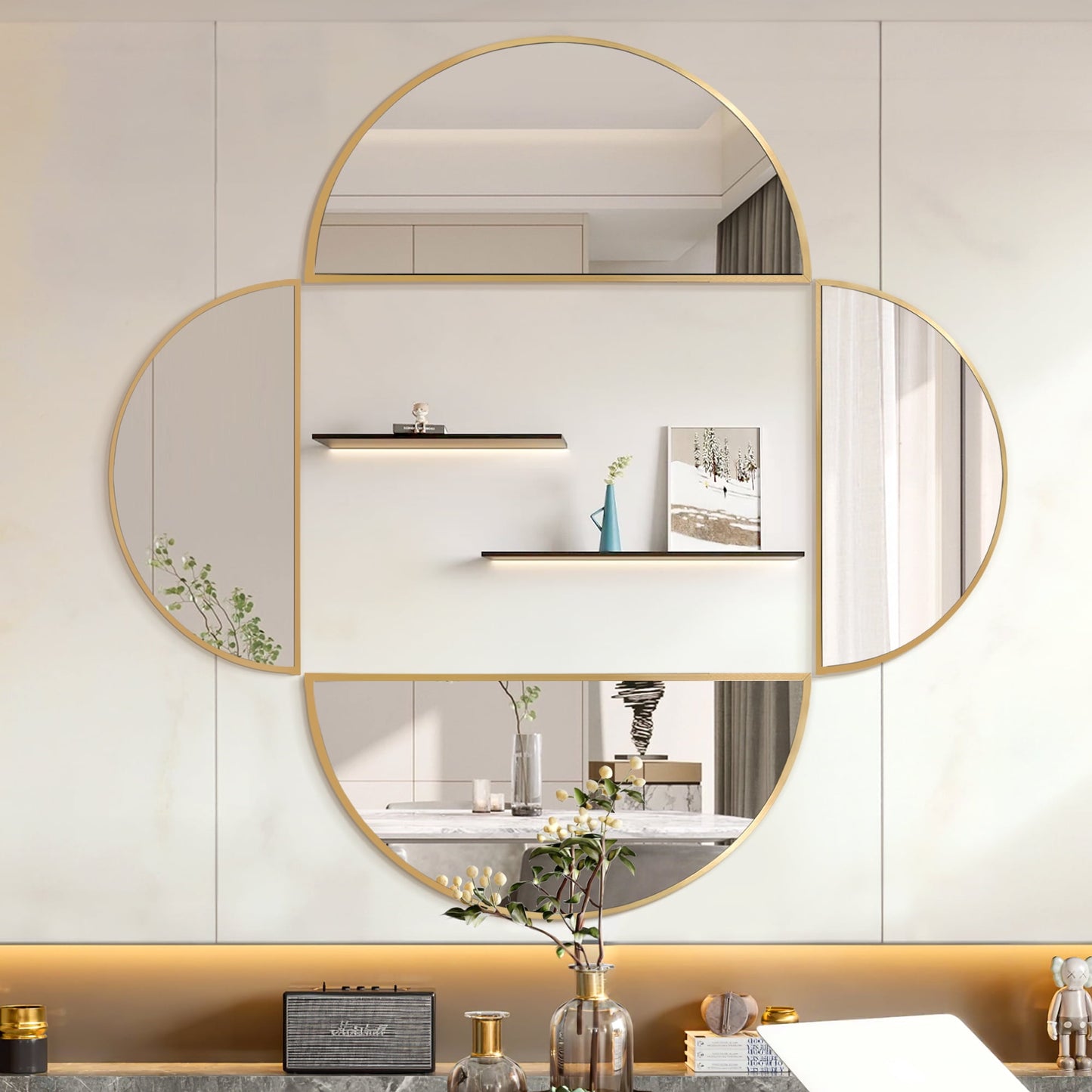 Tewloss DIY Bathroom Mirrors Half Circle Wall Mirror Sets 4PCS for Home Decor (Gold, S&M)