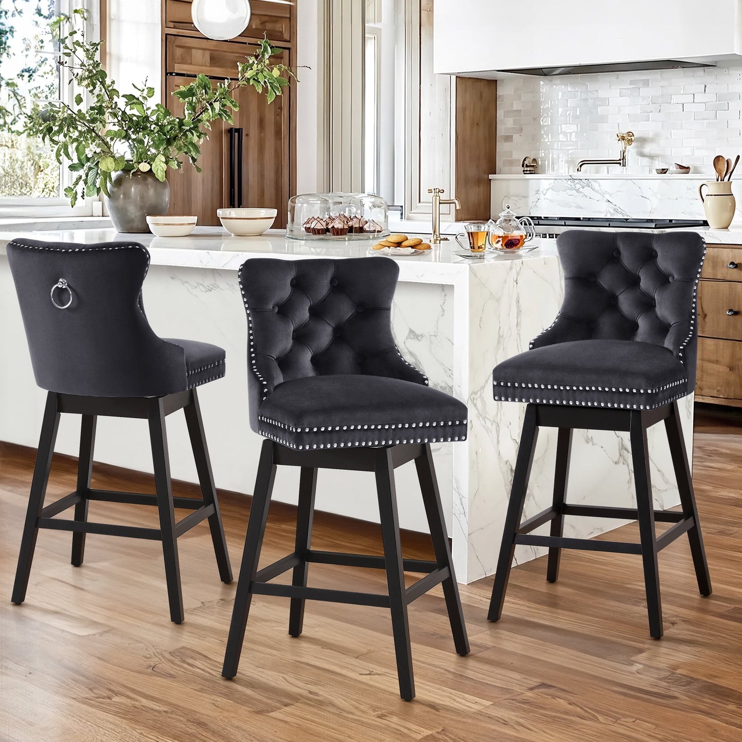 TEWLOSS Counter Height Bar Stools Set of 3 Swivel 26" Velvet Barstools for Kitchen Island, Black