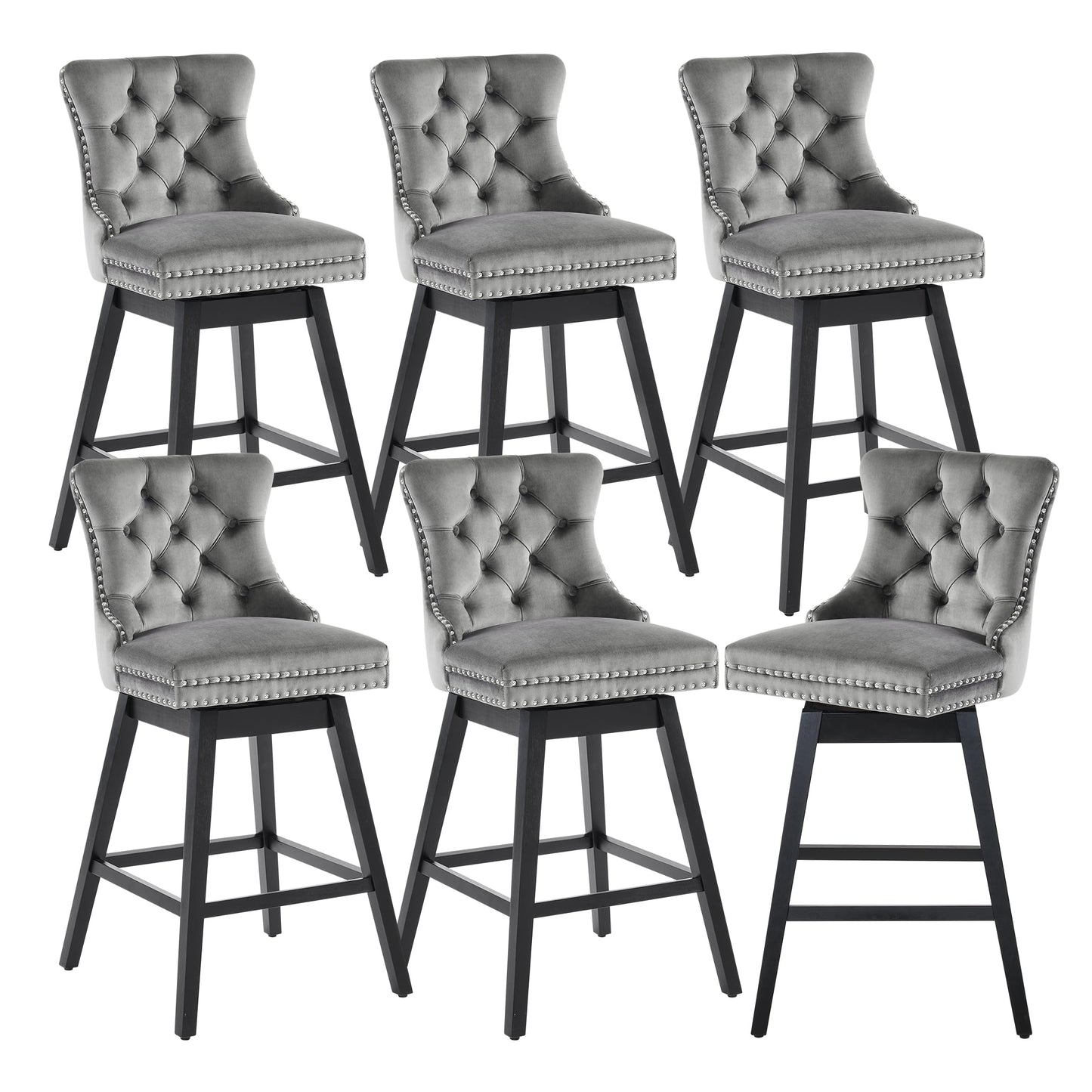 Tewloss 26" Swivel Bar Stools Set of 6 Velvet Counter Height Chairs for Home Kitchen Dining, Gray