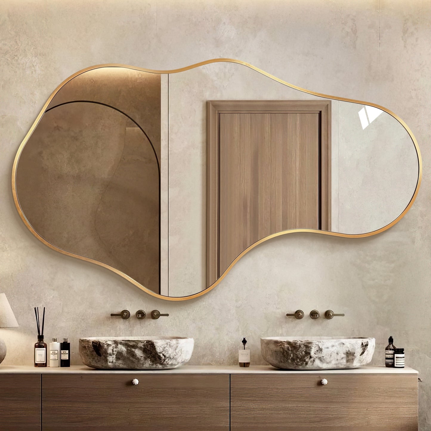 TEWLOSS Irregular Wall Mirror Decorative 43"x 26" Gold Mirrors Metal Frame for Bathroom, Dolphin Shape