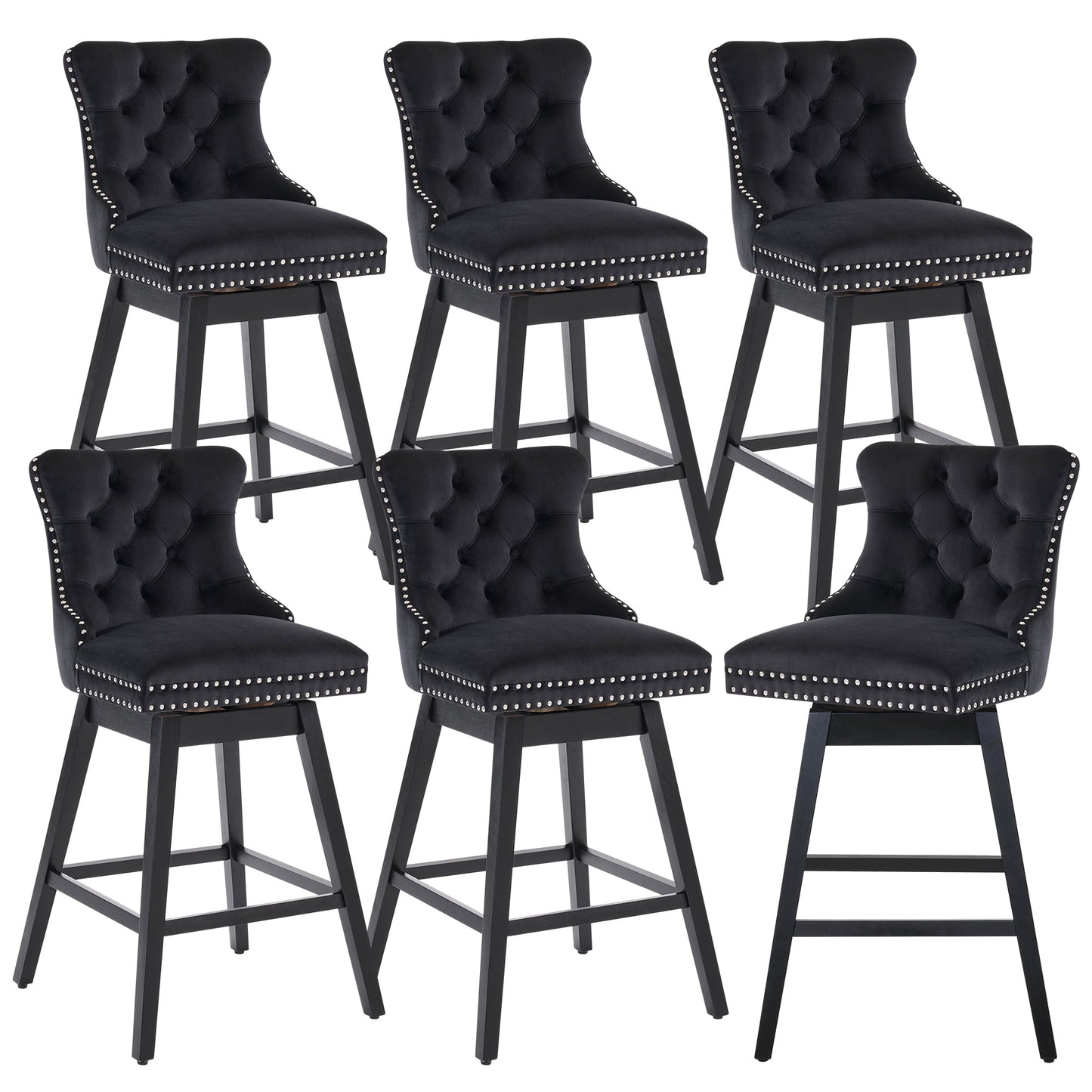 Tewloss 30" Swivel Bar Stools Set of 6 With Back Velvet Bar Height Chairs for Home Kitchen, Black